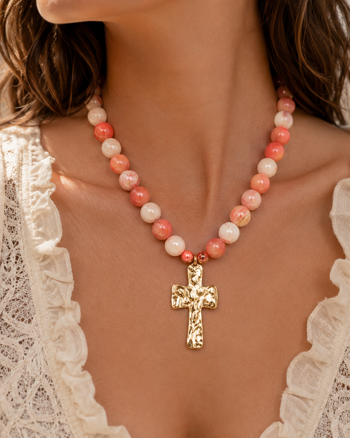 Hammered Cross Pendant Beaded Statement Necklace - 5 Color-3