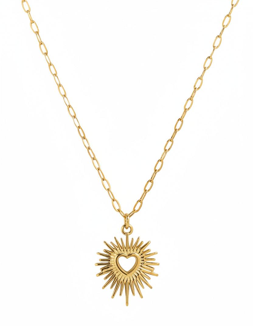 Stainless Heart Sunburst Necklace