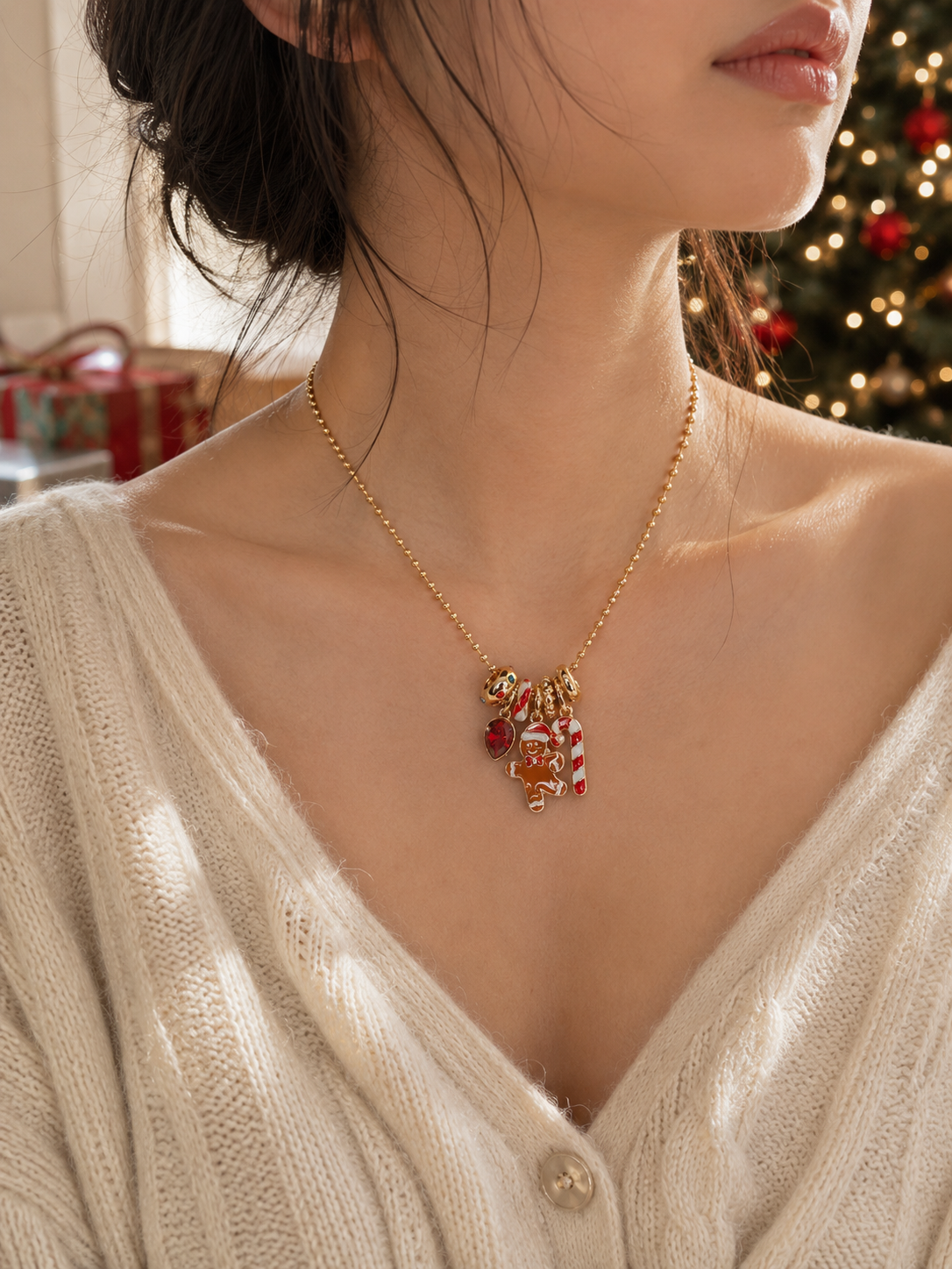 Christmas Gingerbread Rondelle Charm Necklace