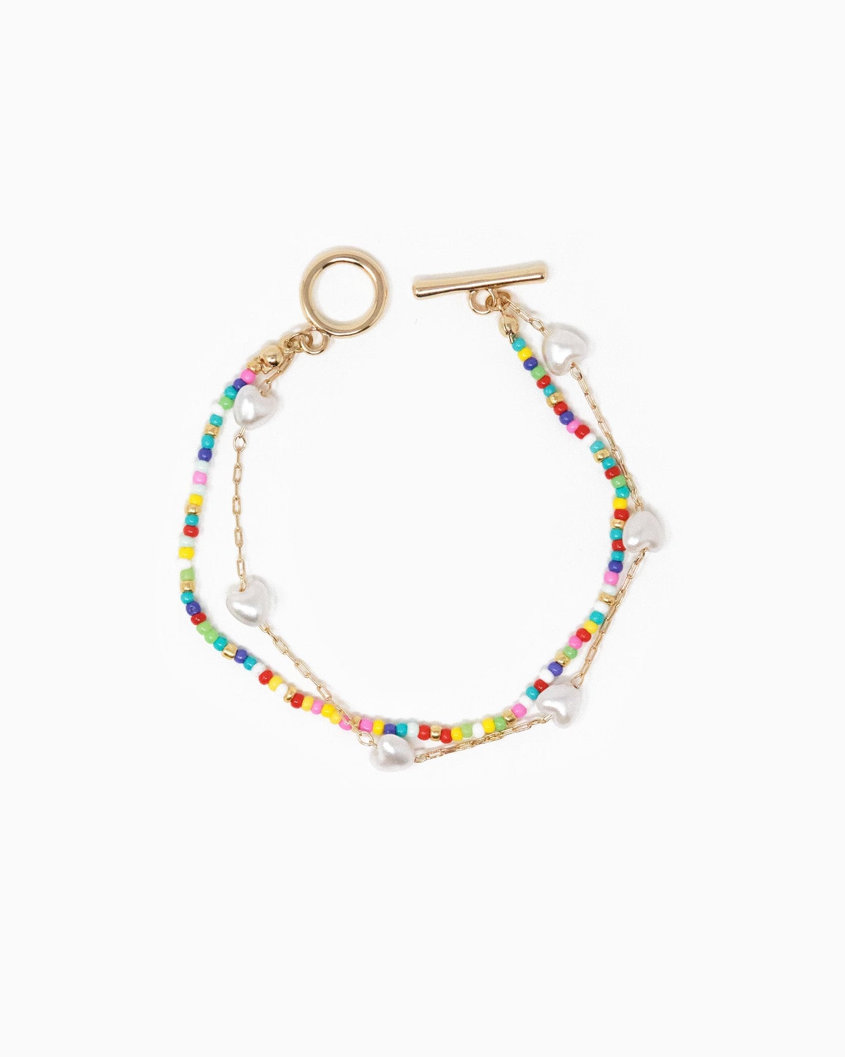 Double Layered Pearl Heart and Rainbow Bead Toggle Bracelet