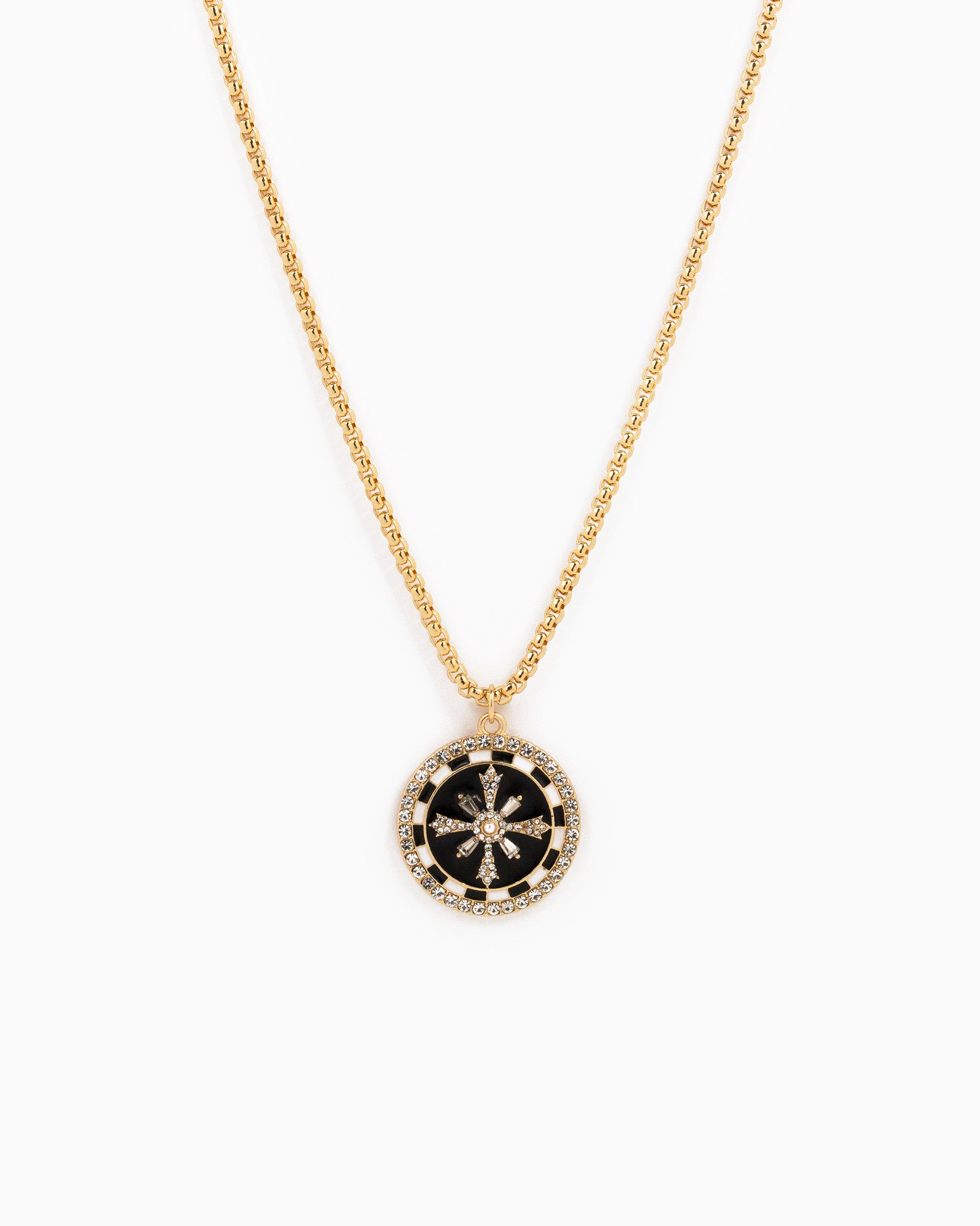 Black and White Checkered Dart Coin Pendant Necklace