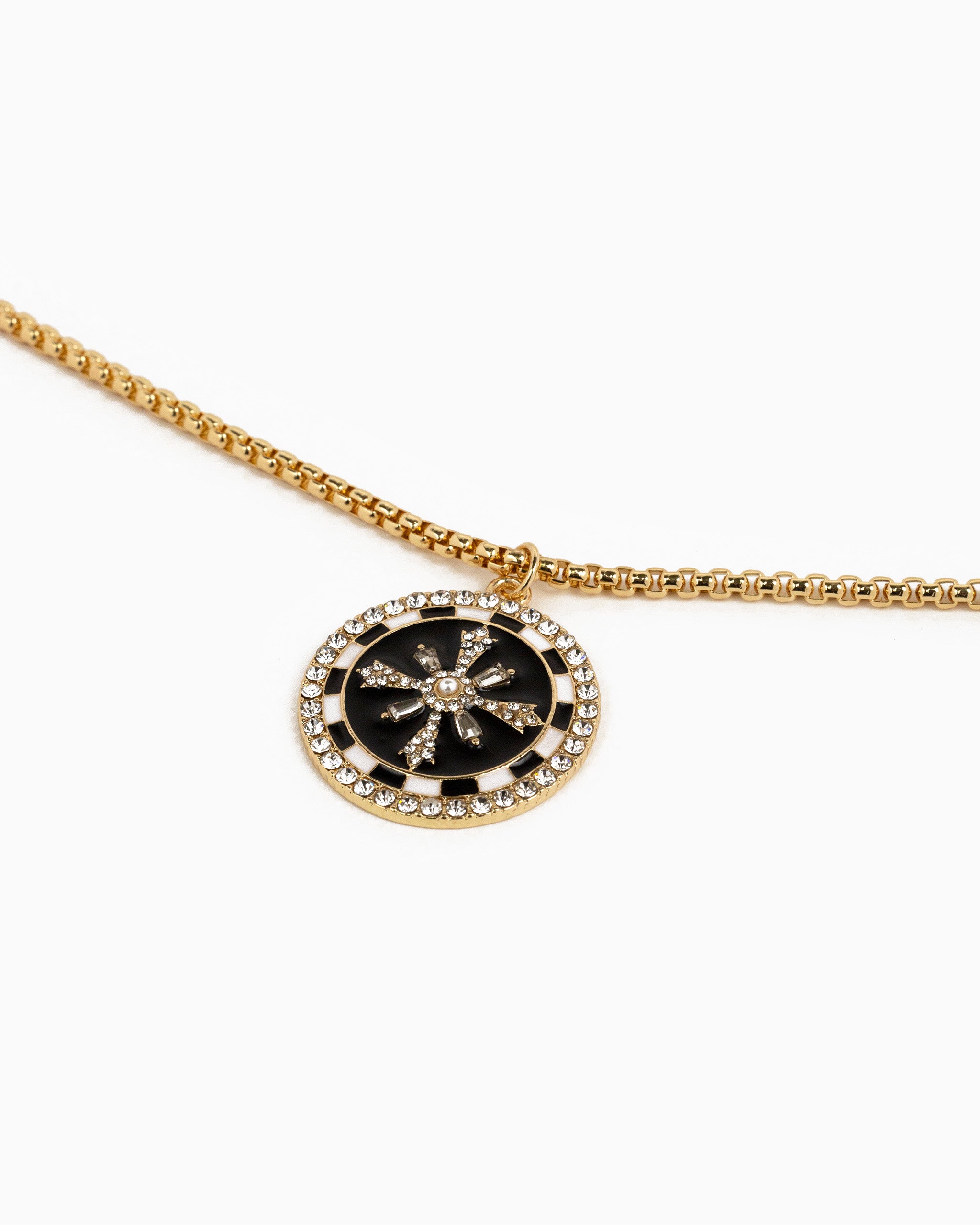 Black and White Checkered Dart Coin Pendant Necklace