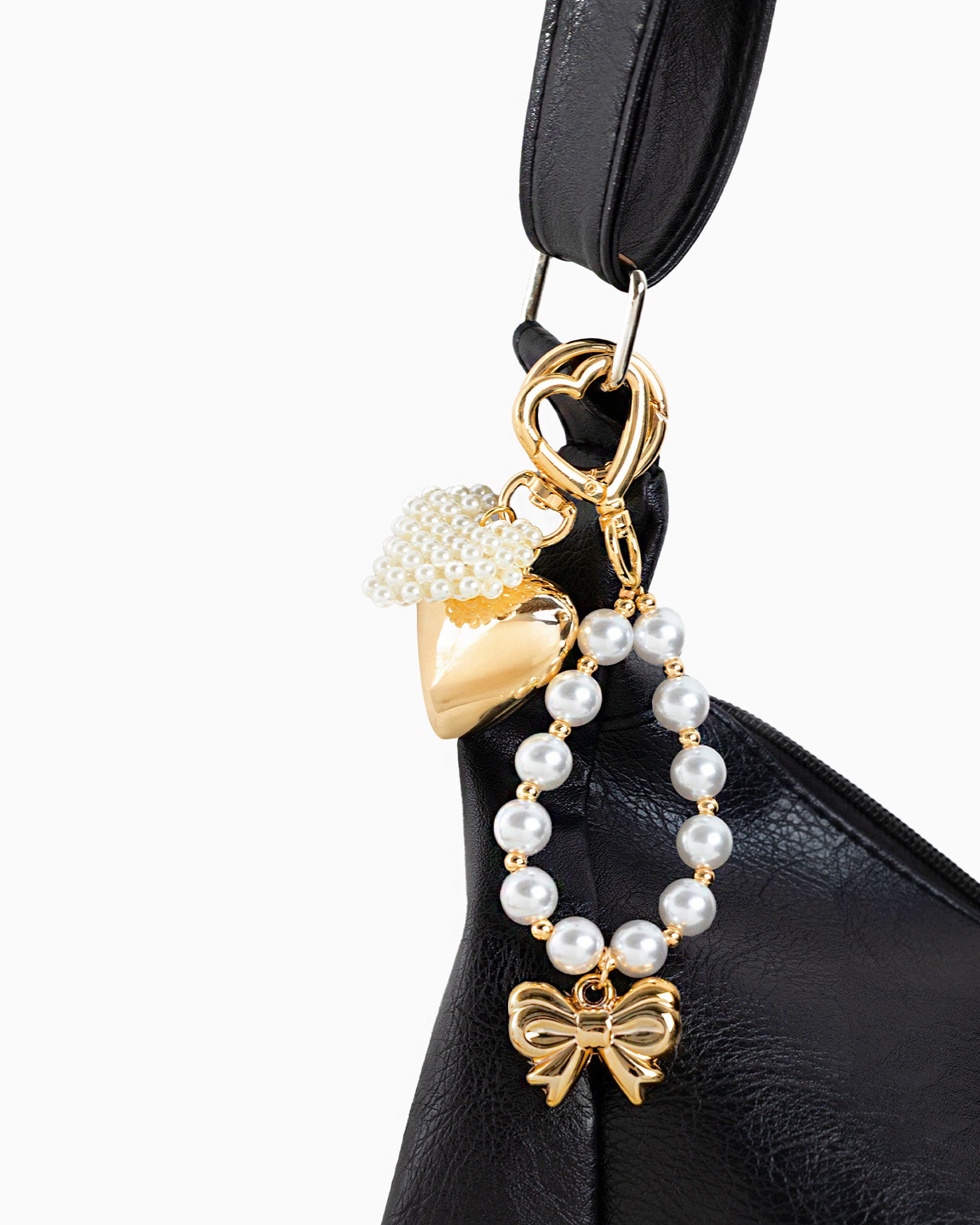 Heart Clasp, Bow & Pearl Loop Bag Charm