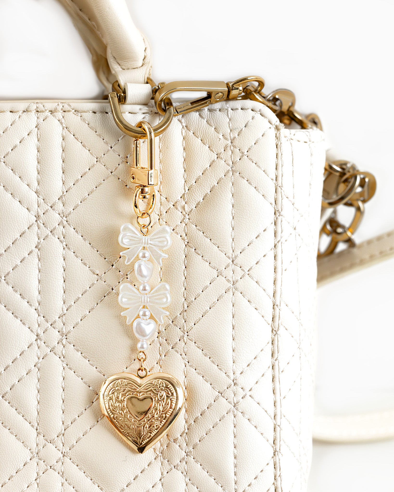 Bow Pearl Heart Locket Bag Charm