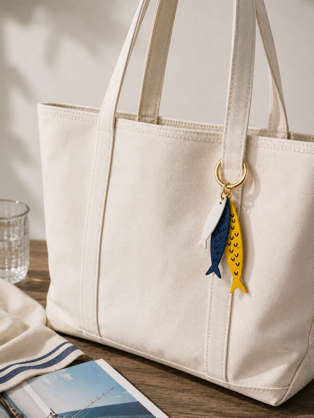 Coastal Triple Fish Leather Bag Charm Key Chain
