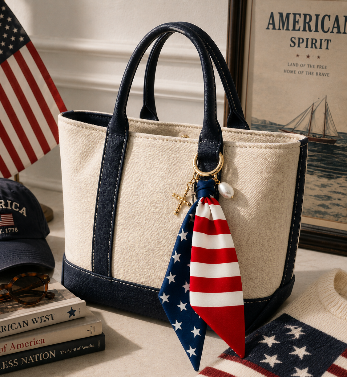 Americana Scarf Cross Freshwater Pearl Bag Charm