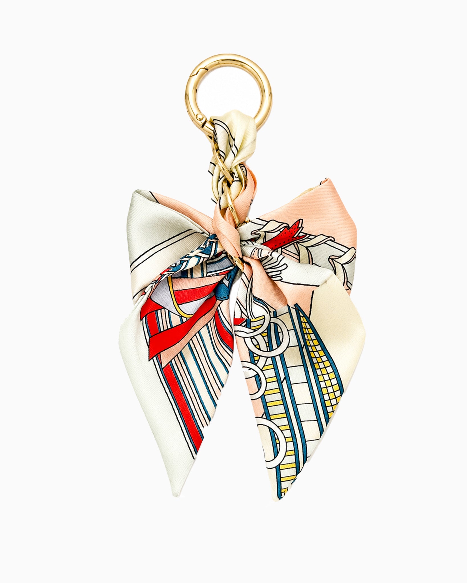 Braided Scarf Bow Bag Charm in light pink — braided fabric scarf bow with a pearl-beaded loop clip