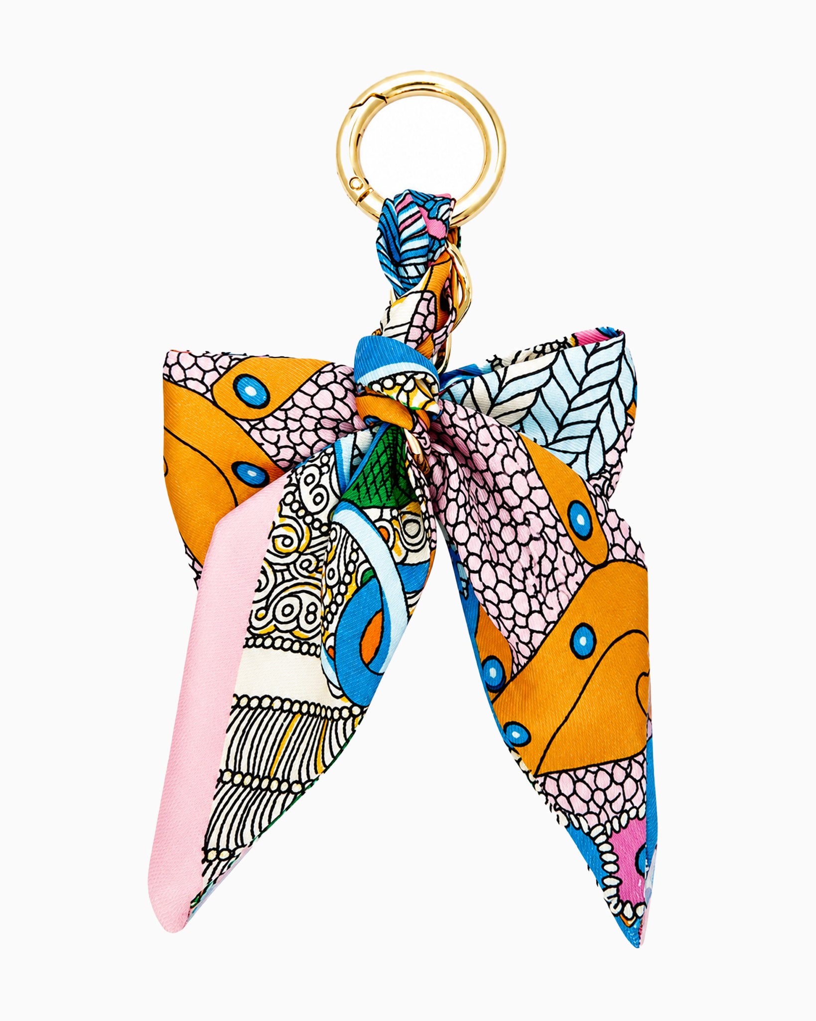 Braided Scarf Bow Bag Charm in multicolor — braided fabric scarf bow with a pearl-beaded loop clip