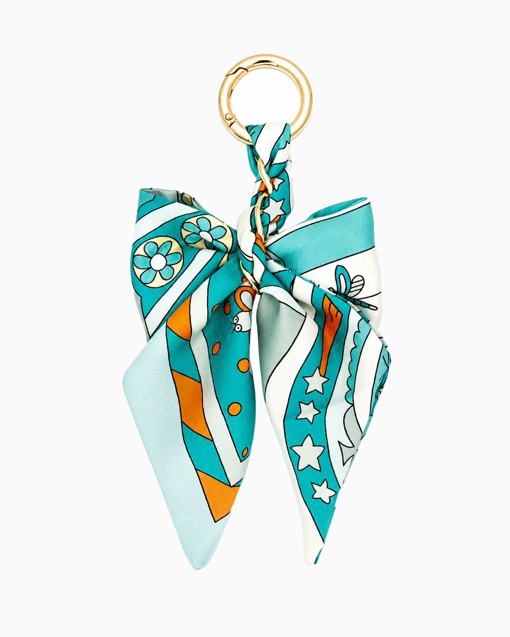 Braided Scarf Bow Bag Charm in turquoise — braided fabric scarf bow with a pearl-beaded loop clip