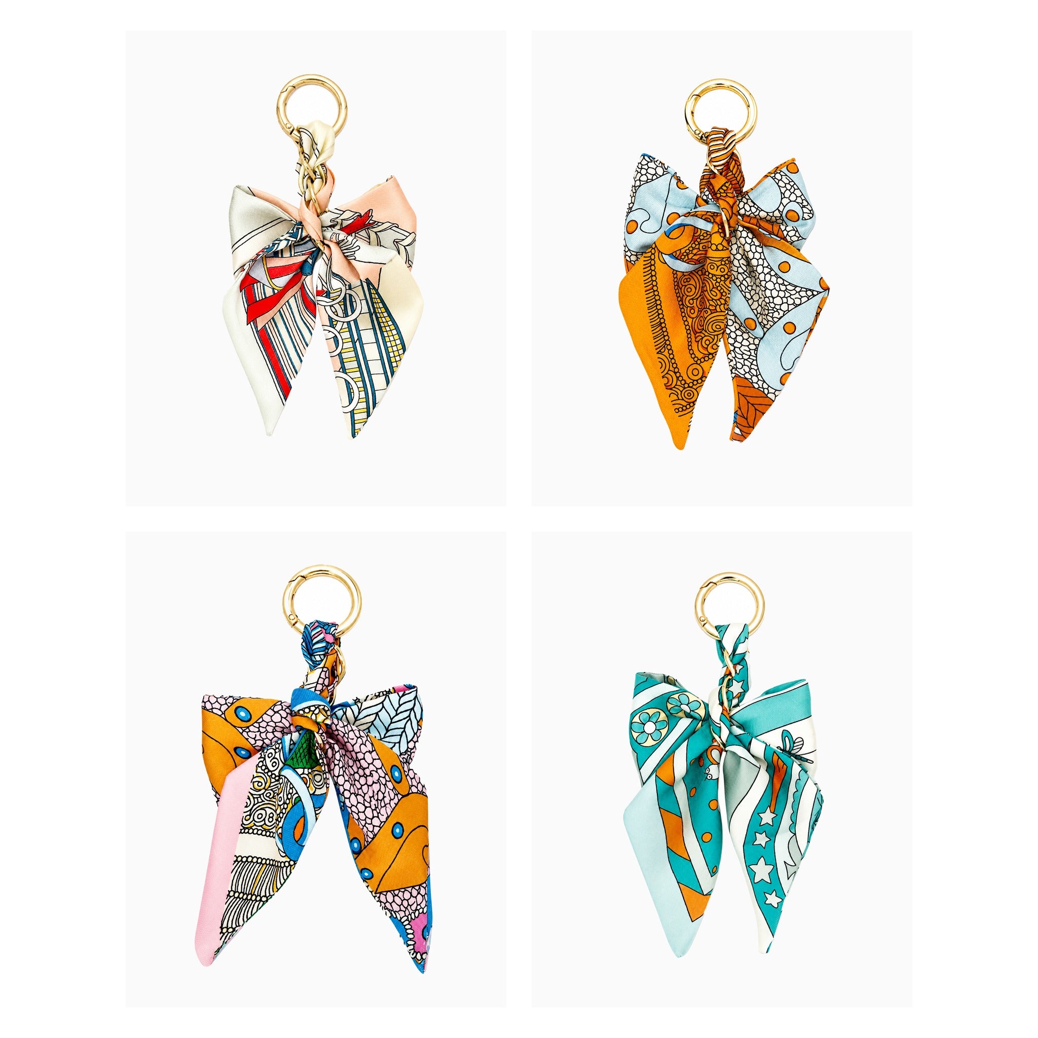 Braided Scarf Bow Bag Charm shown in all four colorways: light pink, orange, multicolor, and turquoise