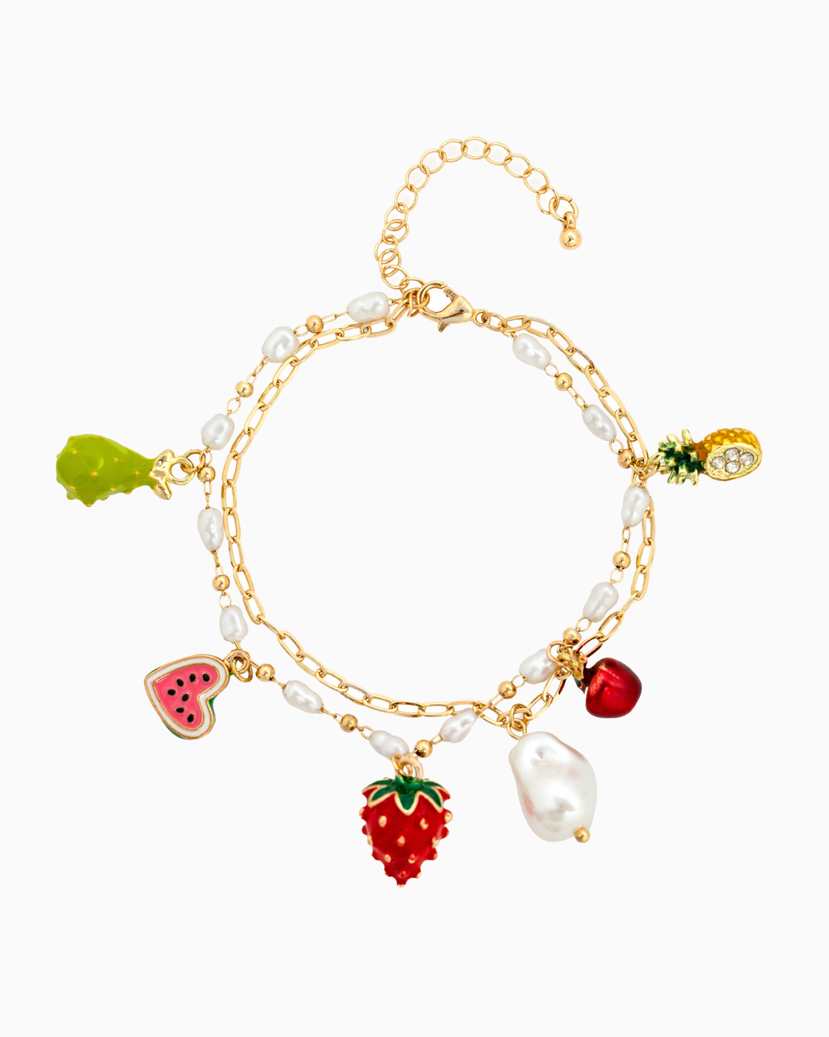Fruit Charm Layered Chain Pearl Bracelet