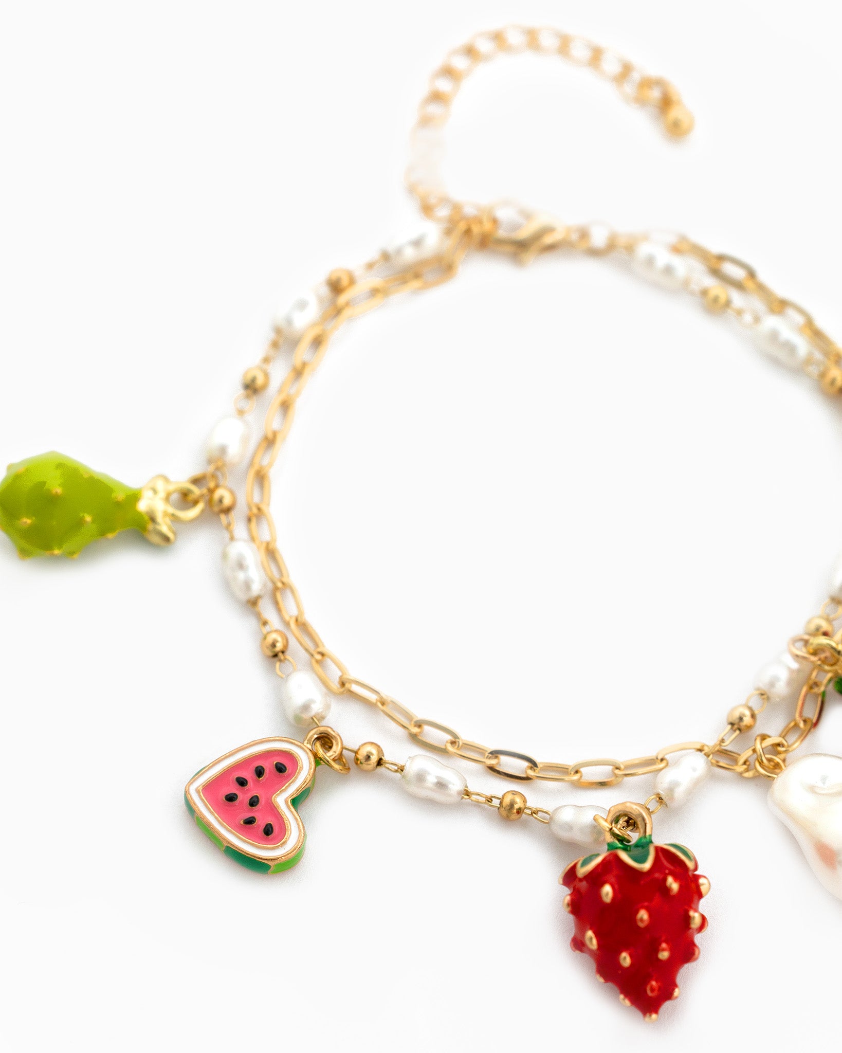 Fruit Charm Layered Chain Pearl Bracelet