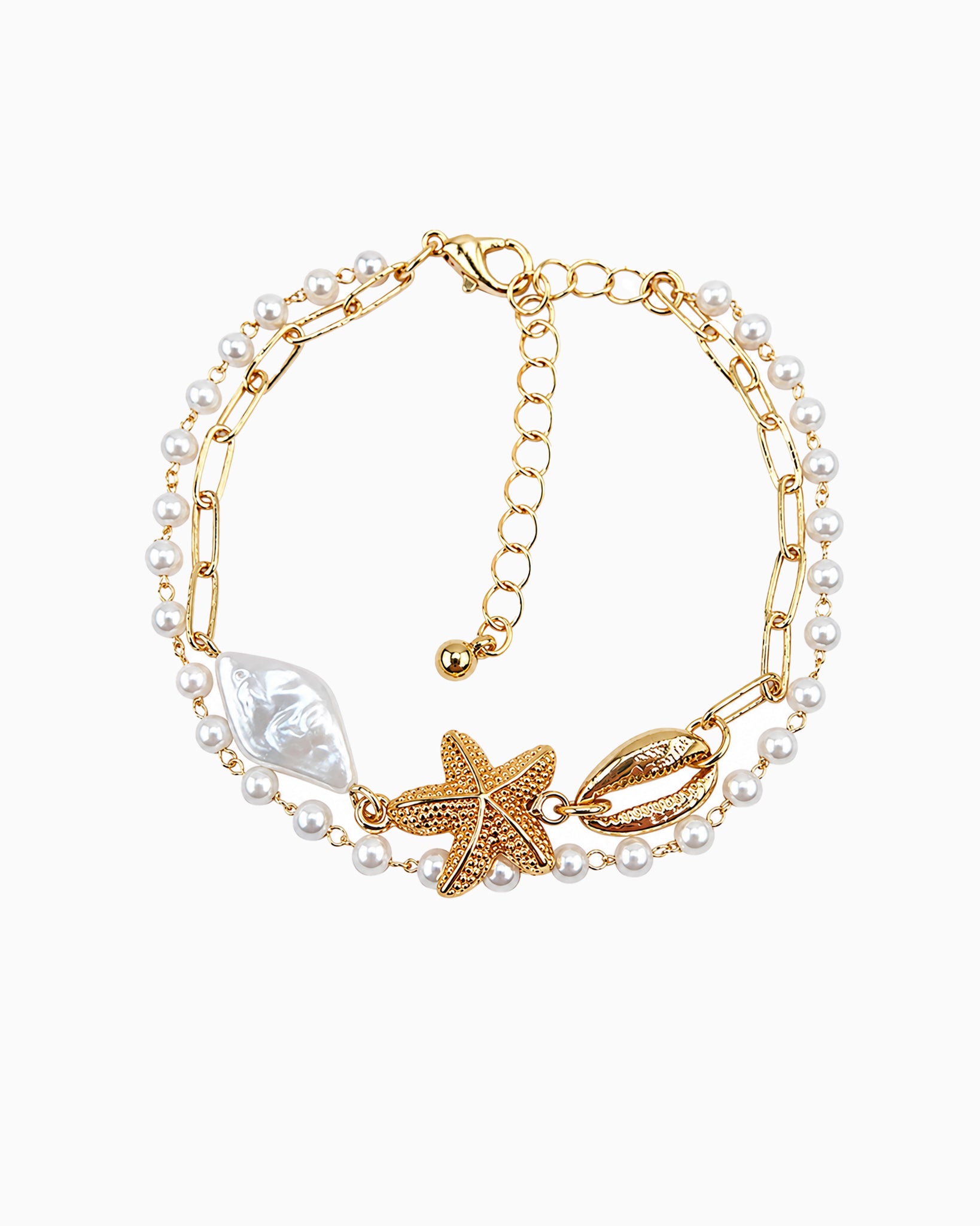 2 Layered Coastal Starfish Pearl Charm Bracelet