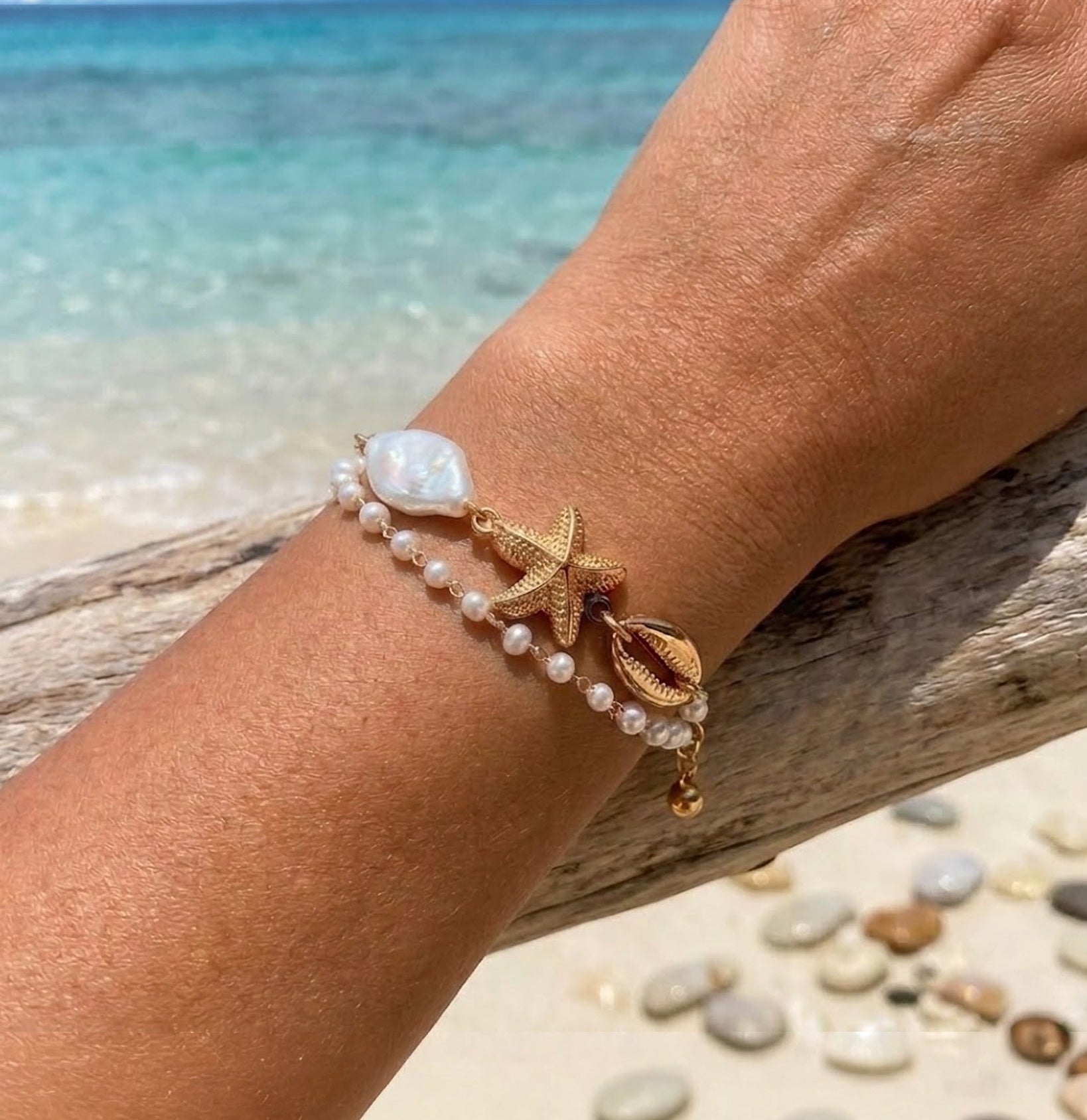 2 Layered Coastal Starfish Pearl Charm Bracelet