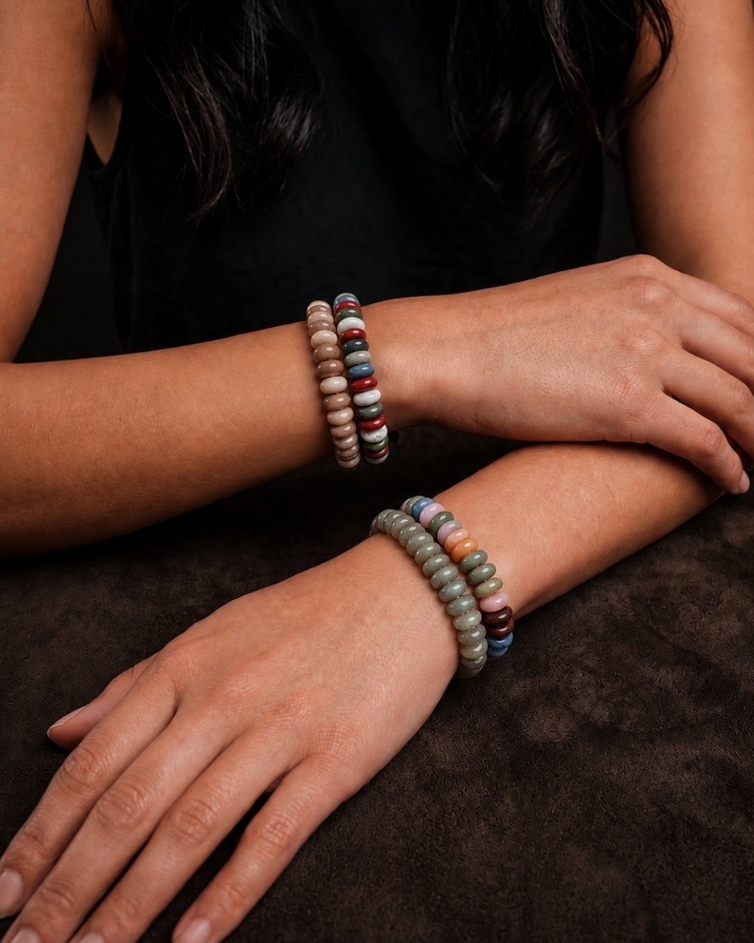 Autumn Wide Disc Marble Beaded Stretch Bracelets-4