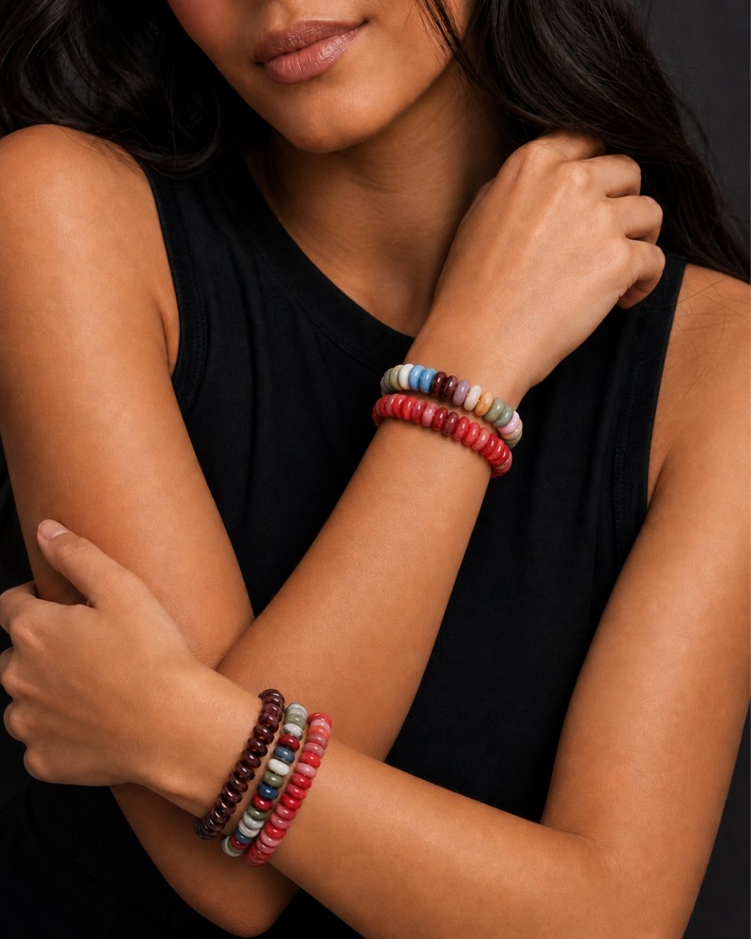 Autumn Wide Disc Marble Beaded Stretch Bracelets-3