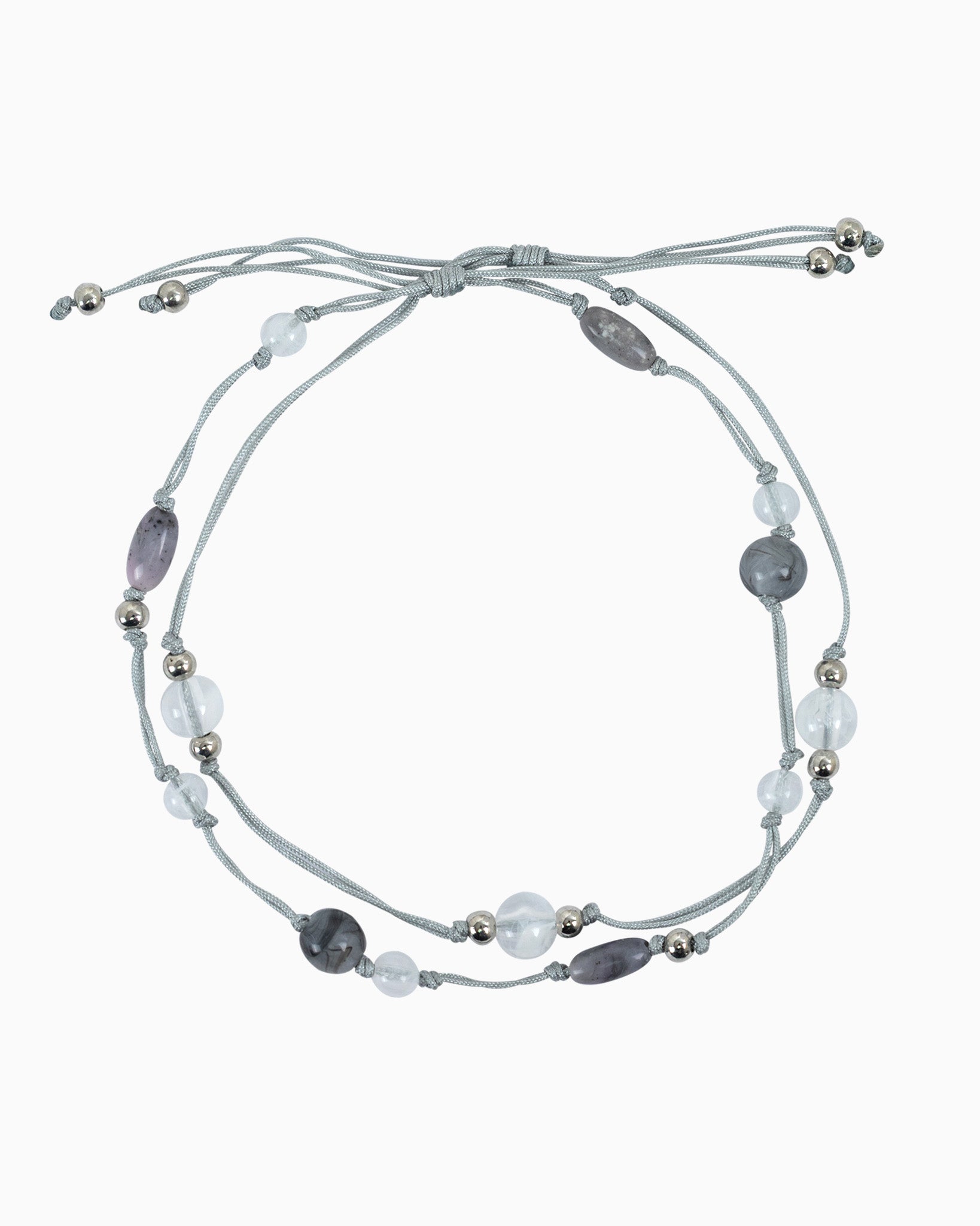 Pull Tie Knotted Cord Marbled Bead Bracelet Set – Gray