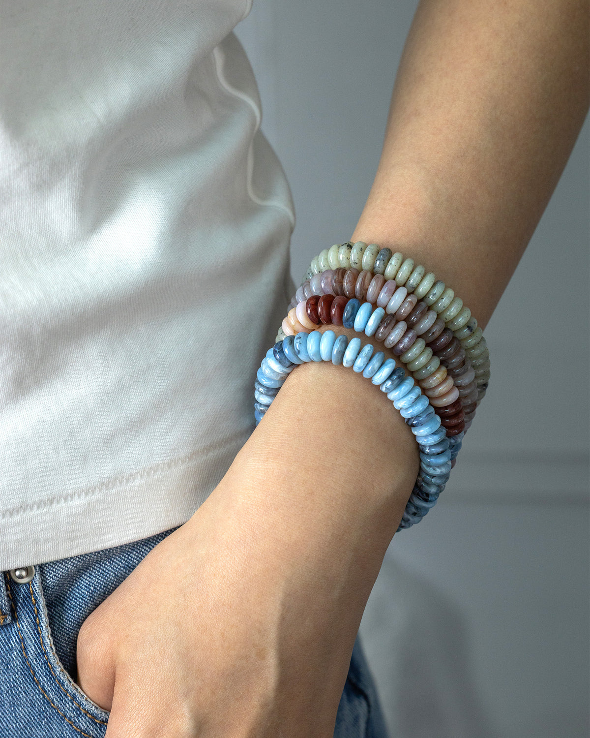Neutral Color Wide Marble Beaded Stretch Bracelet-4
