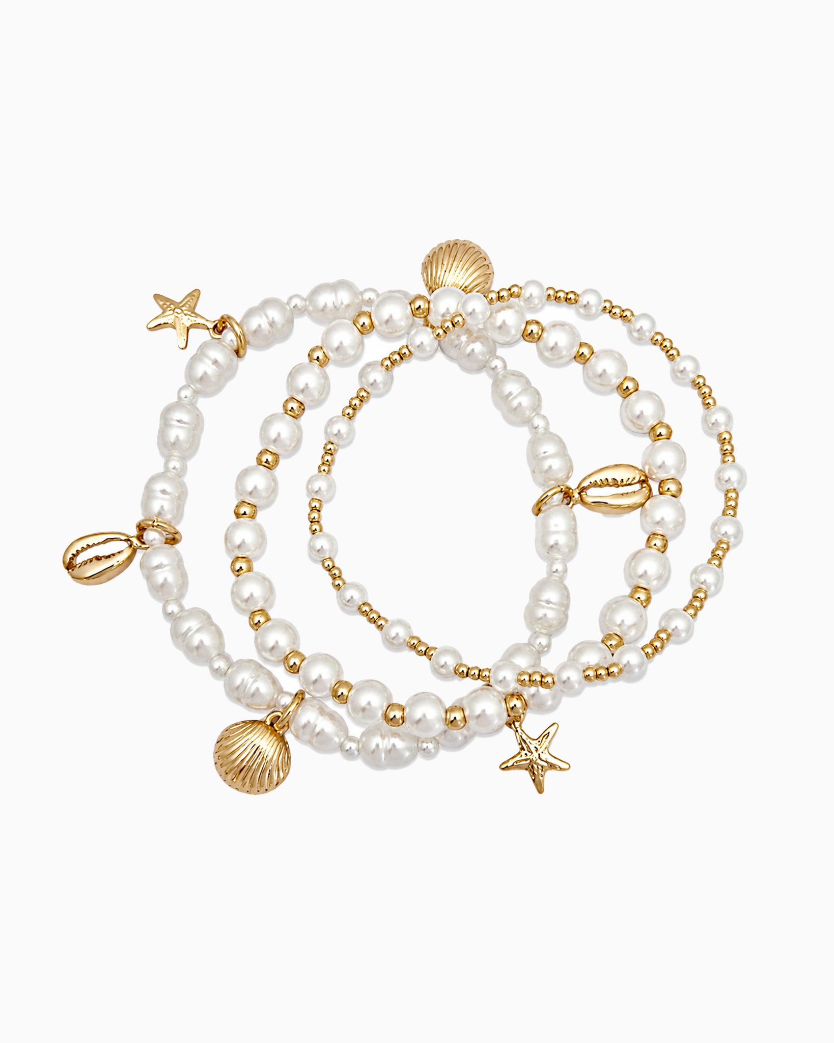 Coastal Stackable Shell Starfish Pearl Stretch Bracelet 3 set