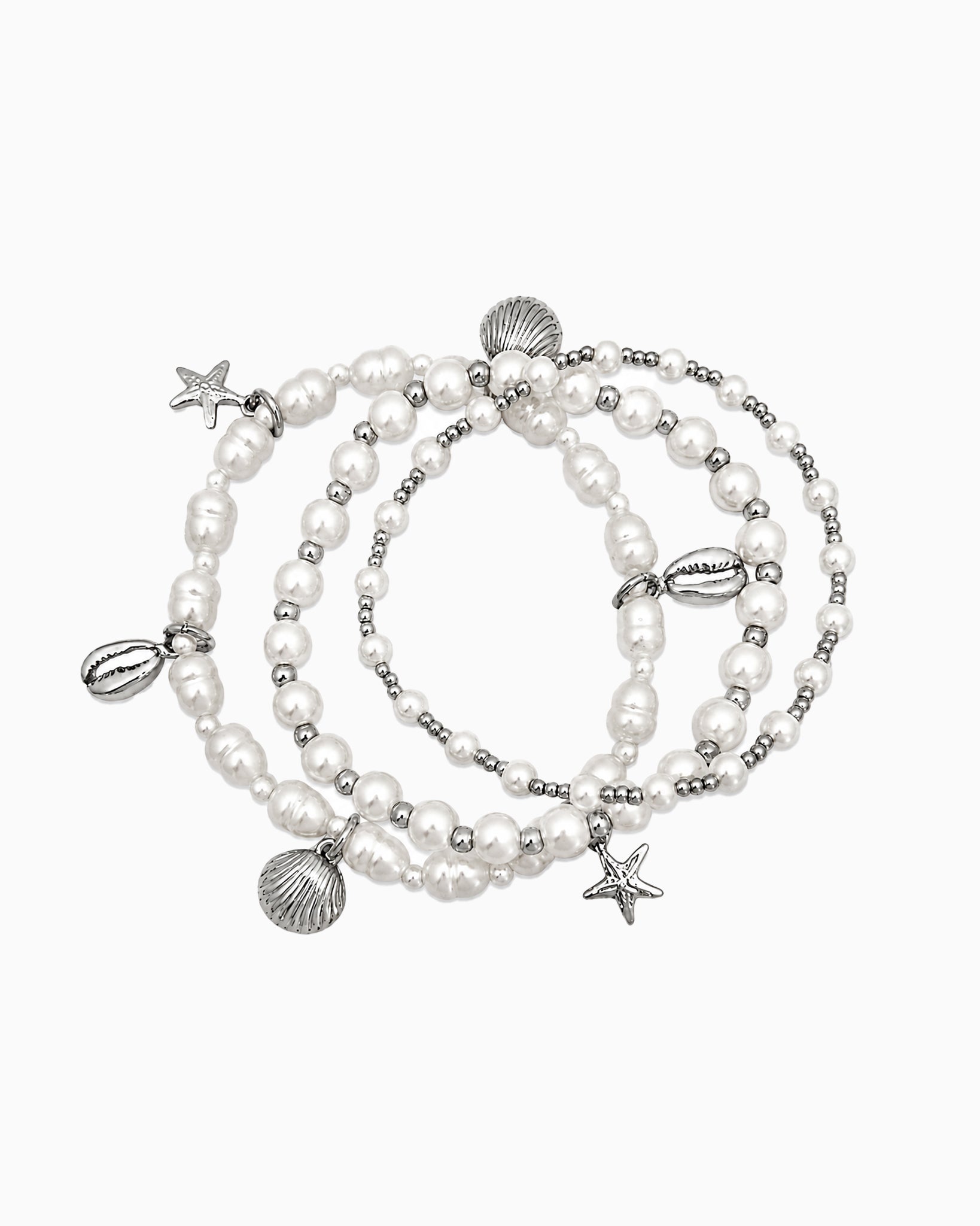 Coastal Stackable Shell Starfish Pearl Stretch Bracelet 3 set