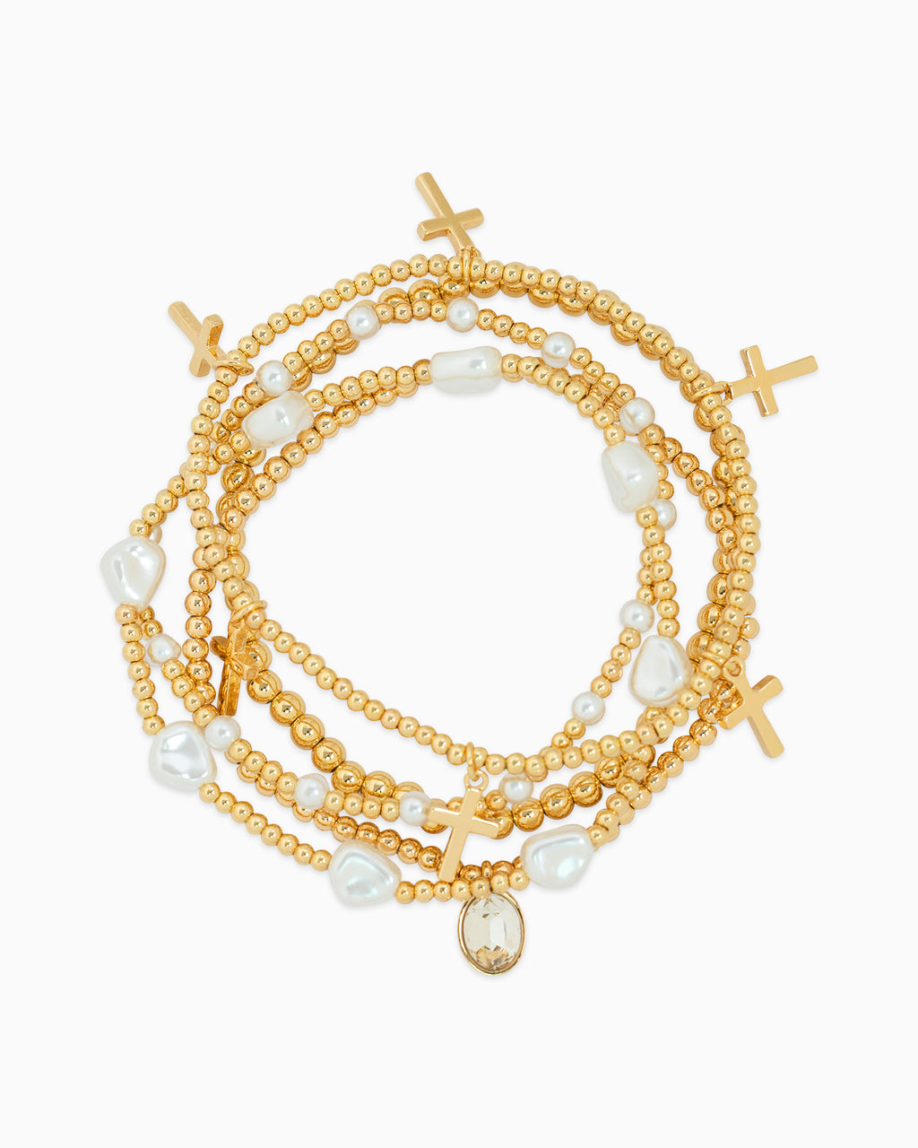 Cross Stone Pearl Multi Stretch Bracelet Set of 5