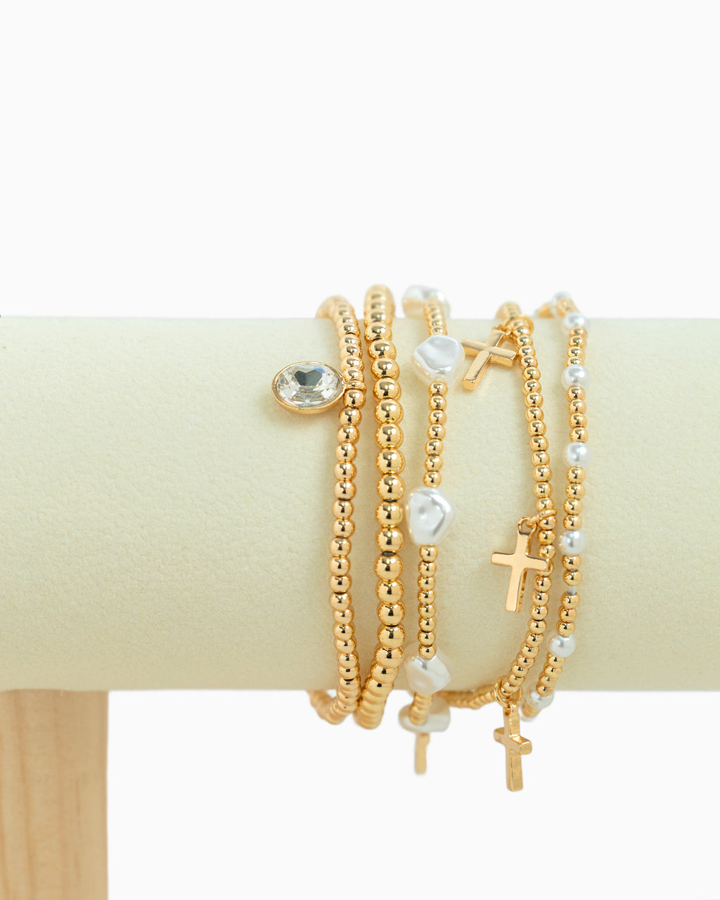 Cross Stone Pearl Multi Stretch Bracelet Set of 5