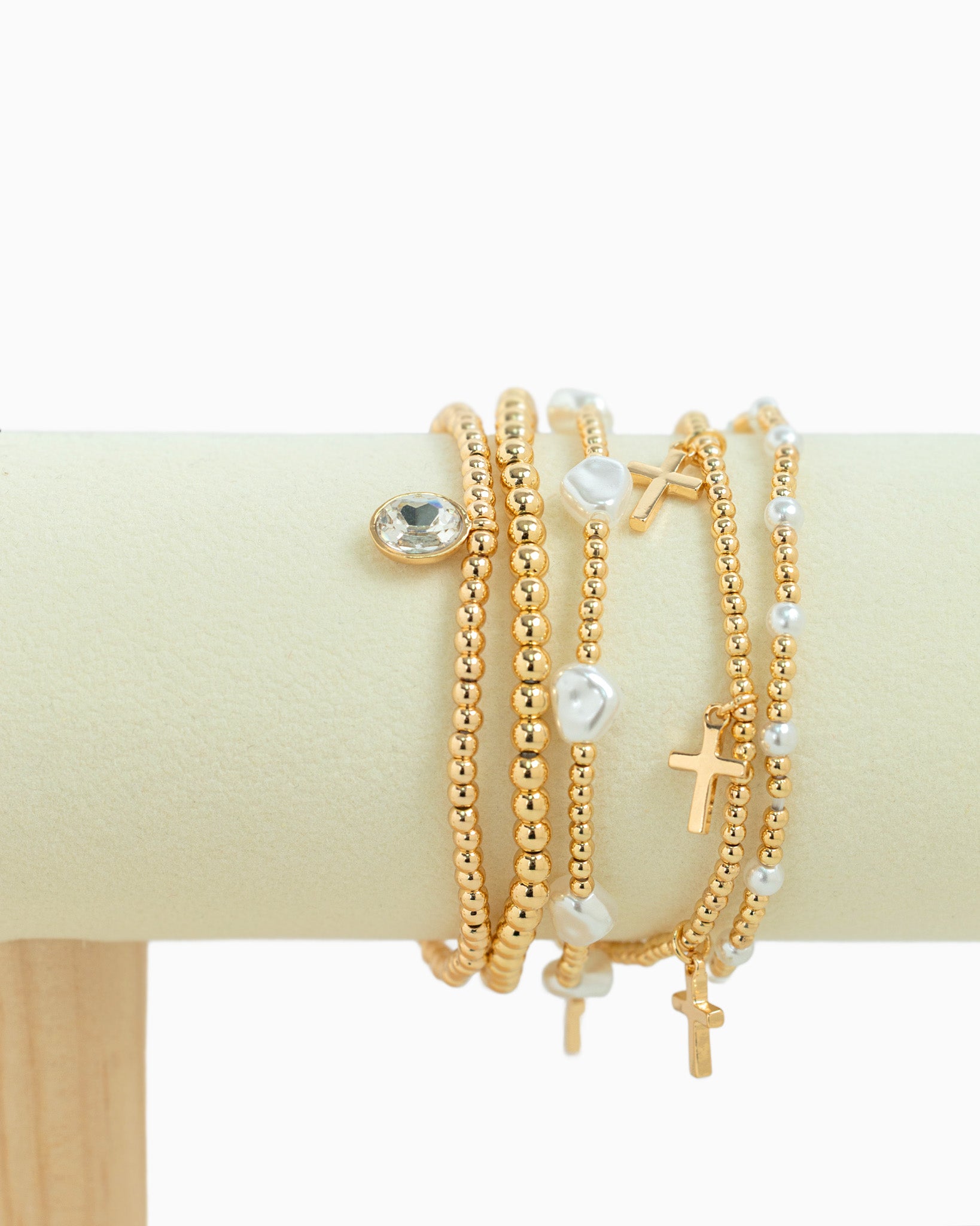 Cross Stone Pearl Multi Stretch Bracelet Set of 5