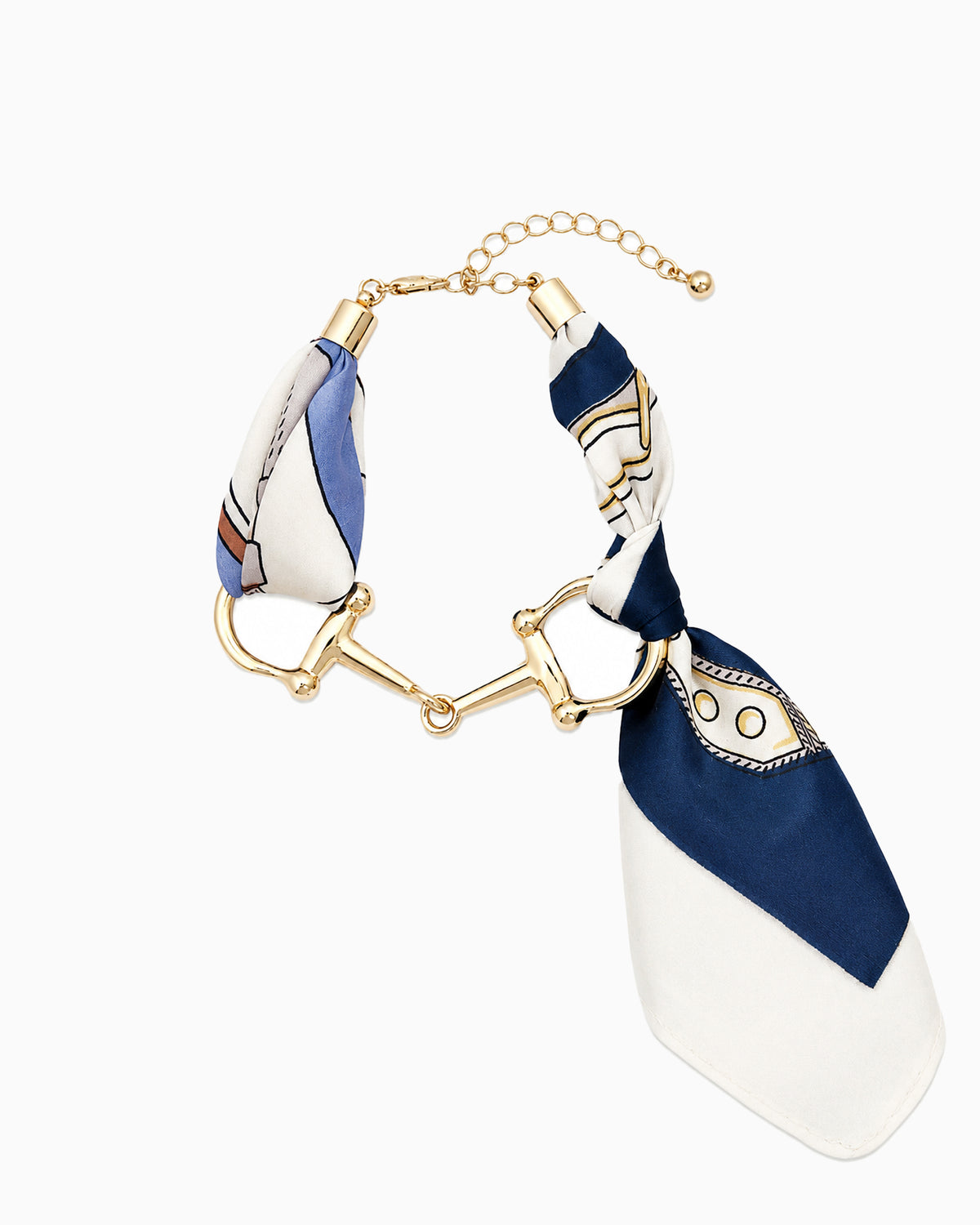 Horsebit Link Scarf Bracelet in blue — gold horsebit chain wrapped with a printed silk scarf