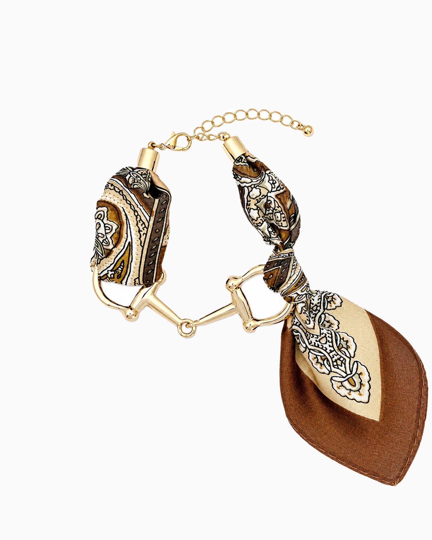 Horsebit Link Scarf Bracelet in brown — gold horsebit chain wrapped with a printed silk scarf