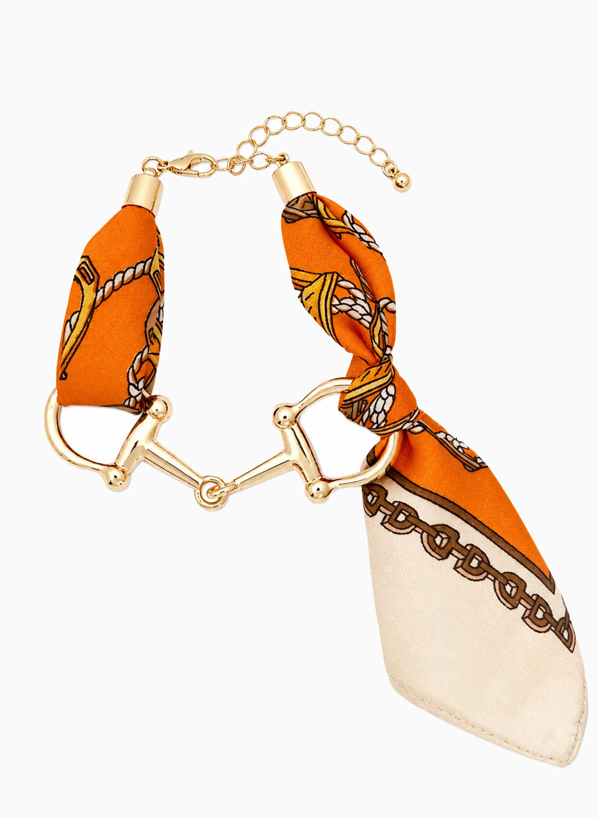 Horsebit Link Scarf Bracelet in orange — gold horsebit chain wrapped with a printed silk scarf