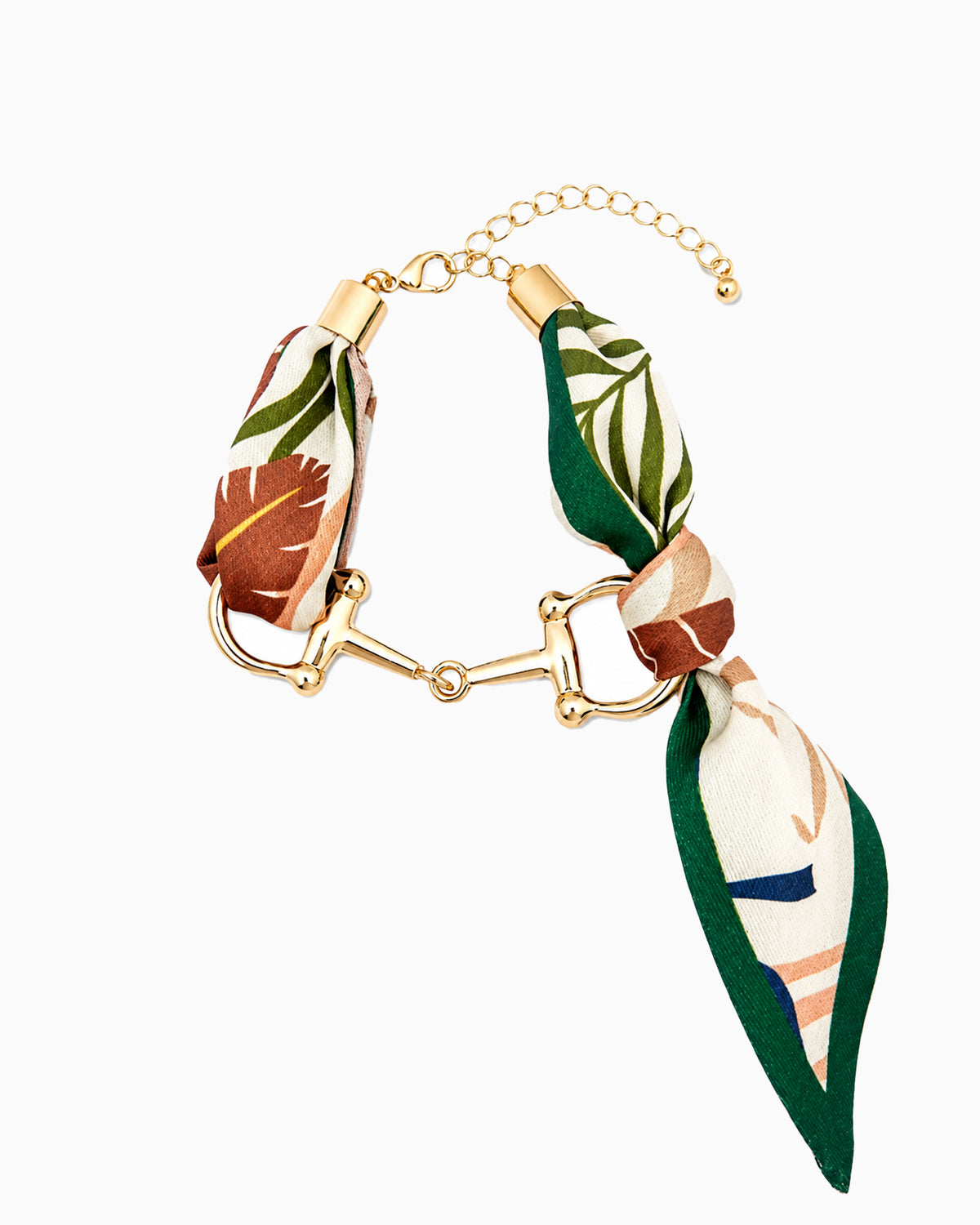 Horsebit Link Scarf Bracelet in green — gold horsebit chain wrapped with a printed silk scarf