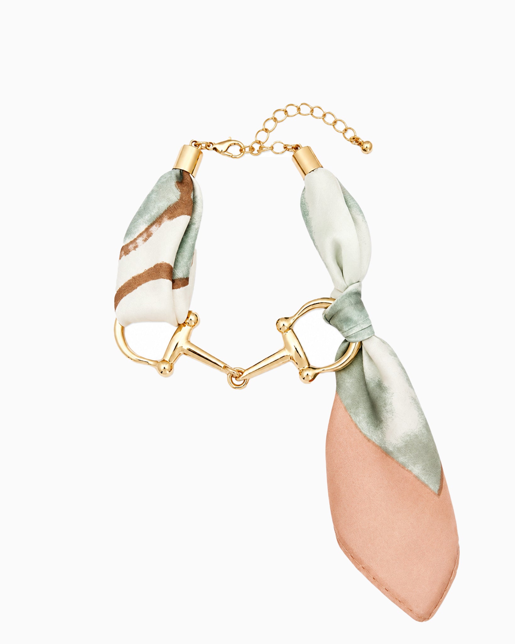Horsebit Link Scarf Bracelet in ivory — gold horsebit chain wrapped with a printed silk scarf