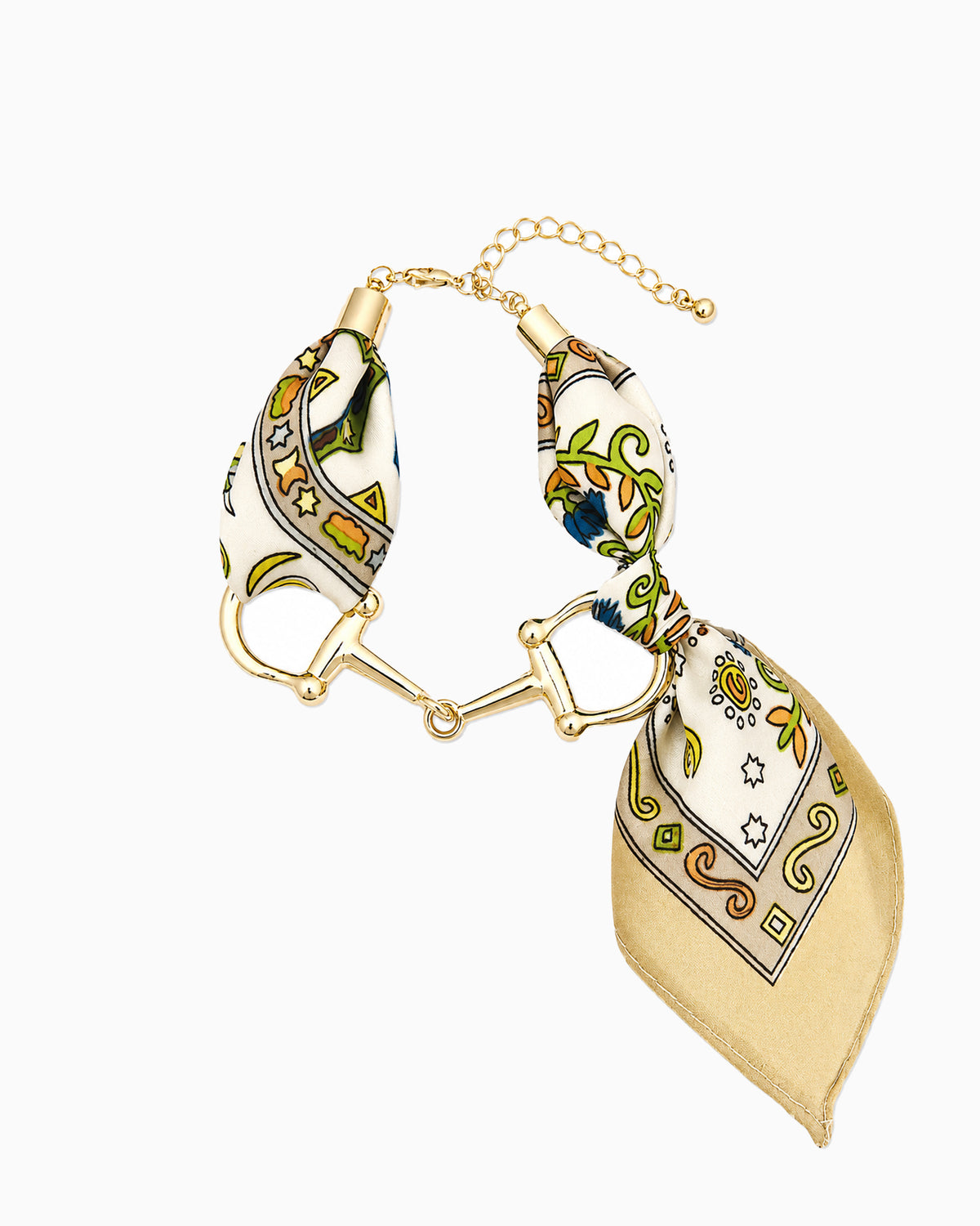 Horsebit Link Scarf Bracelet in olive — gold horsebit chain wrapped with a printed silk scarf