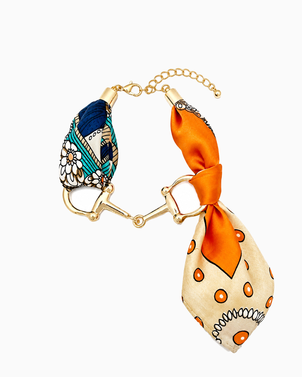 Horsebit Link Scarf Bracelet in multicolor — gold horsebit chain wrapped with a printed silk scarf