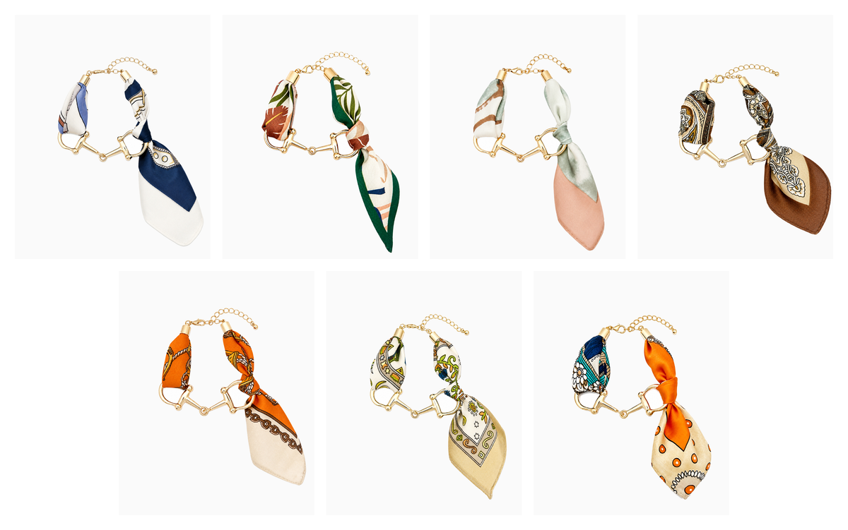 Horsebit Link Scarf Bracelet shown in all 7 colorways: green, orange, brown, olive, ivory, multicolor, and blue