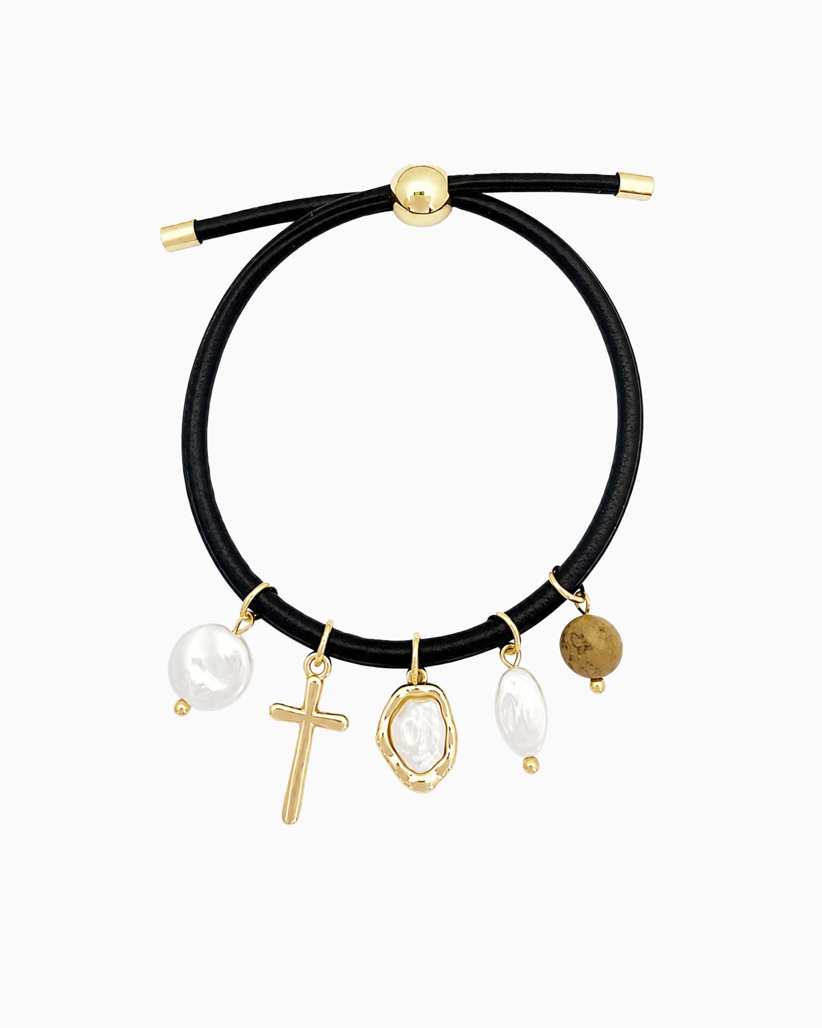 Pearl Cross Charm Cord Pull Tie Bracelet-1