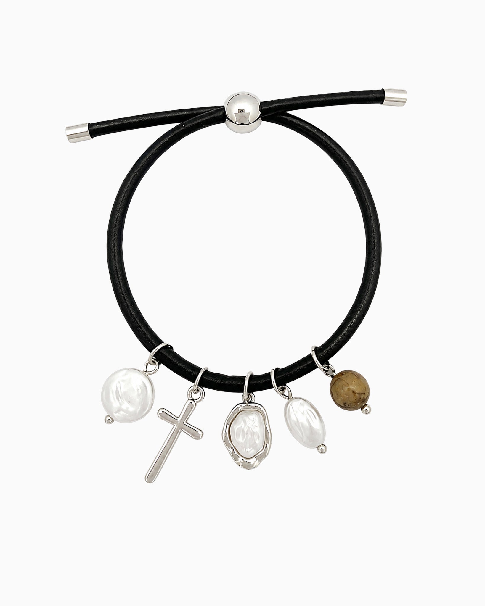 Pearl Cross Charm Cord Pull Tie Bracelet-2