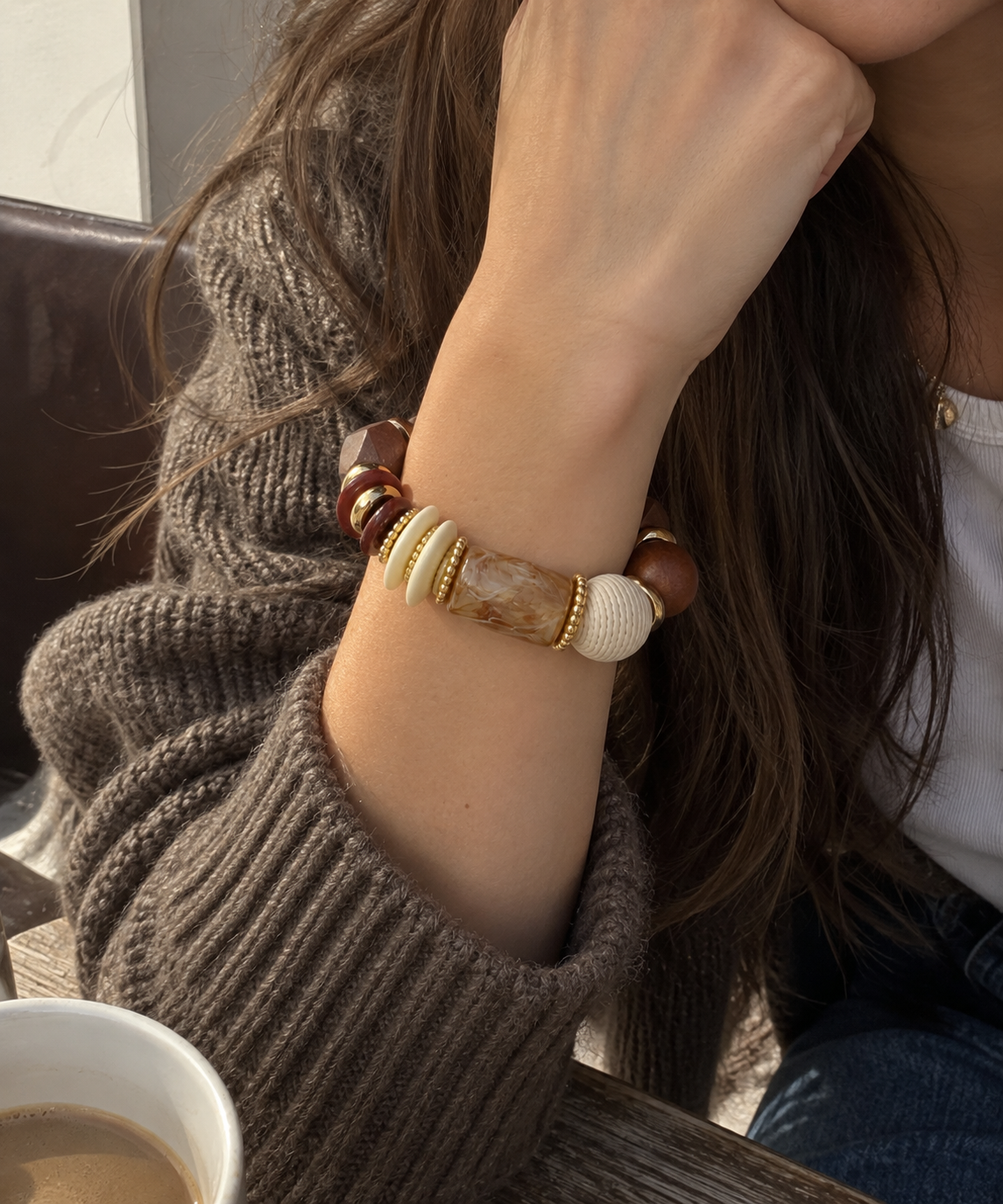 Wood Organic Mixed Beaded Stretch Bracelet