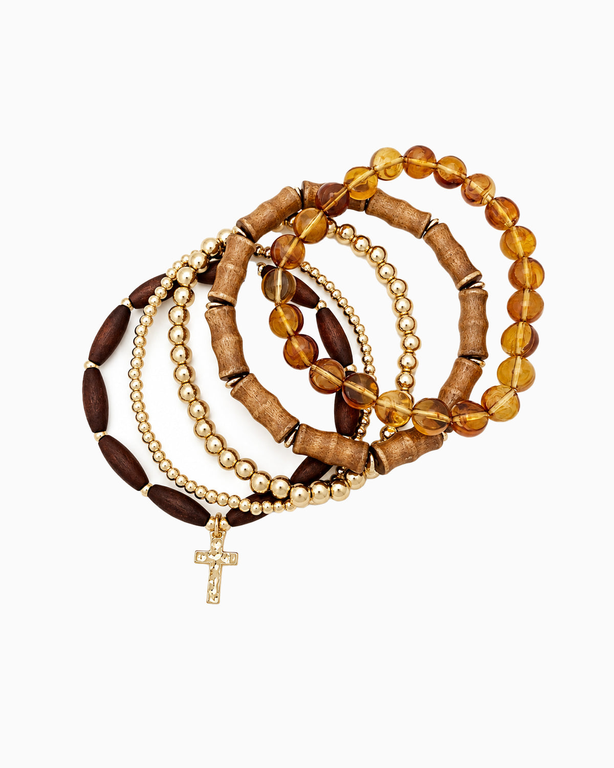 5-Piece Wood Bead Cross Stretch Bracelet Set