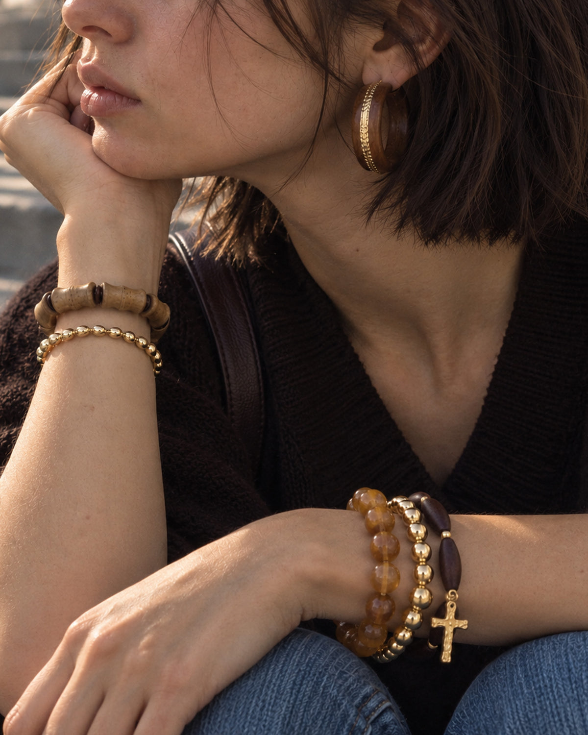 5-Piece Wood Bead Cross Stretch Bracelet Set