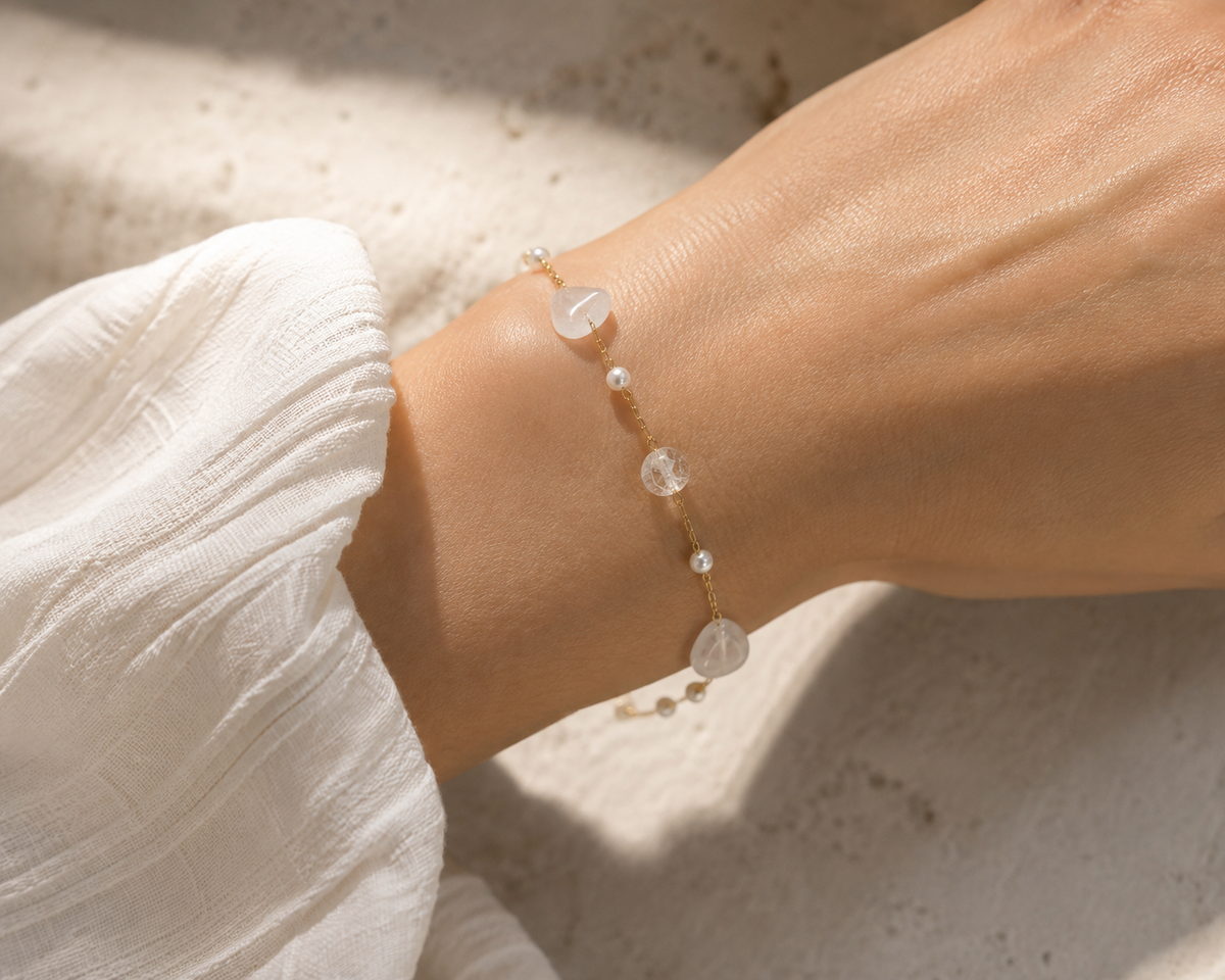 Stainless Steel Gemstone Pearl Station Bracelet-1