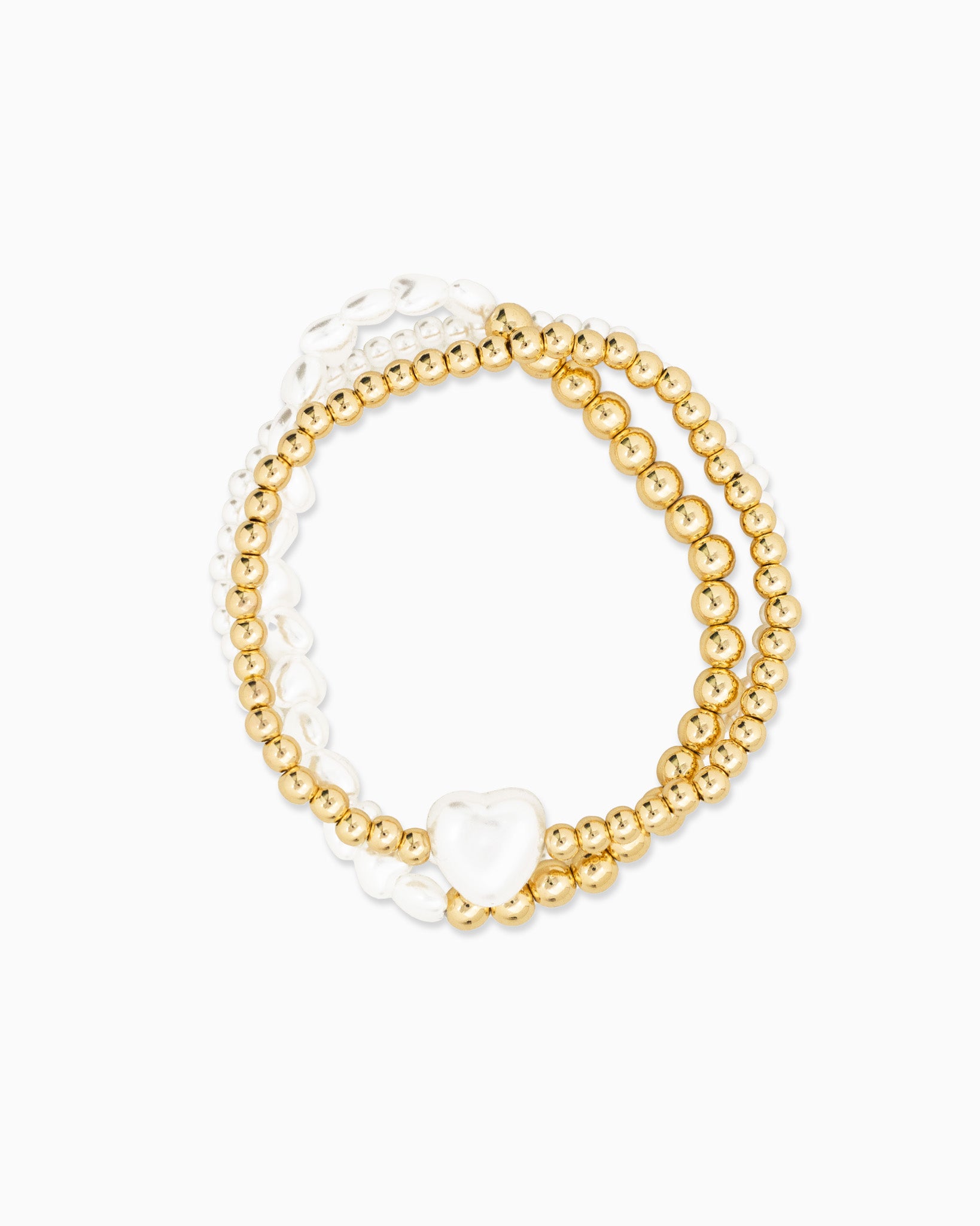 Pearl Heart and Gold Bead Stretch Bracelet Set of 3