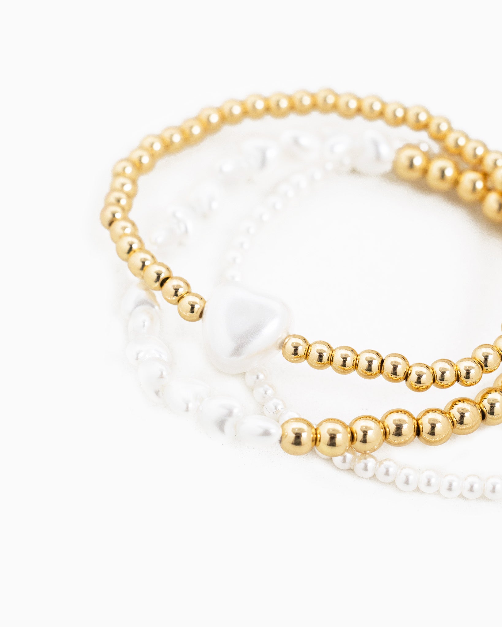 Pearl Heart and Gold Bead Stretch Bracelet Set of 3