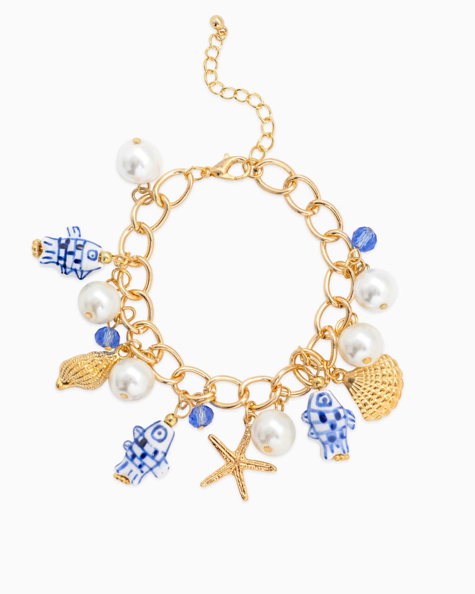 Sea Life Marine Blue Fish Ceramic Charm Bracelet - Gold