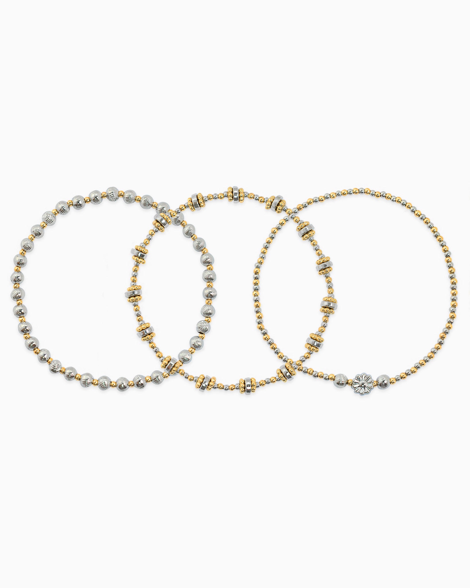 Two-Tone Rondelle Beaded Flower Accent Bracelets Set