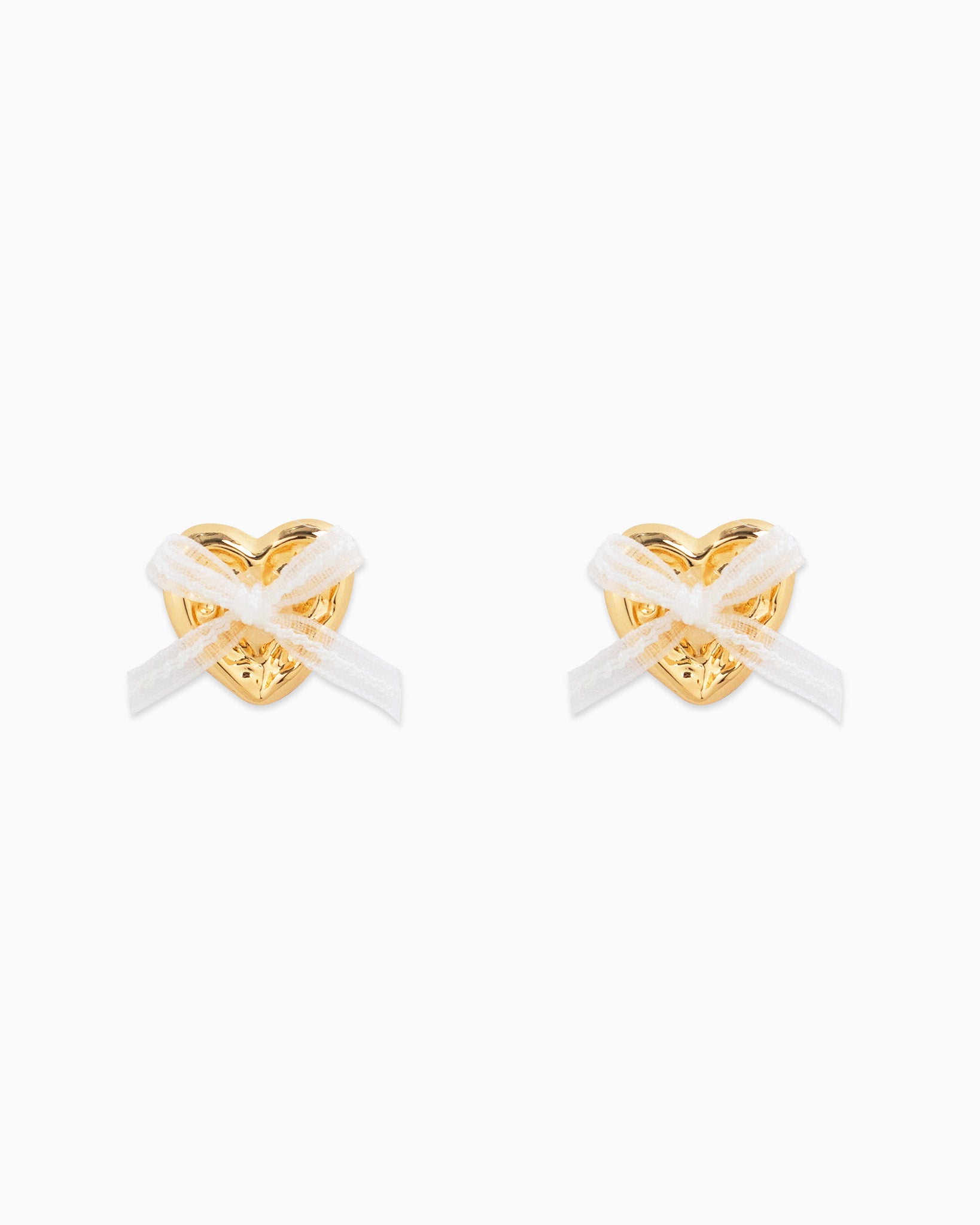 Gold Heart Lace Bow Valentine Earrings – White