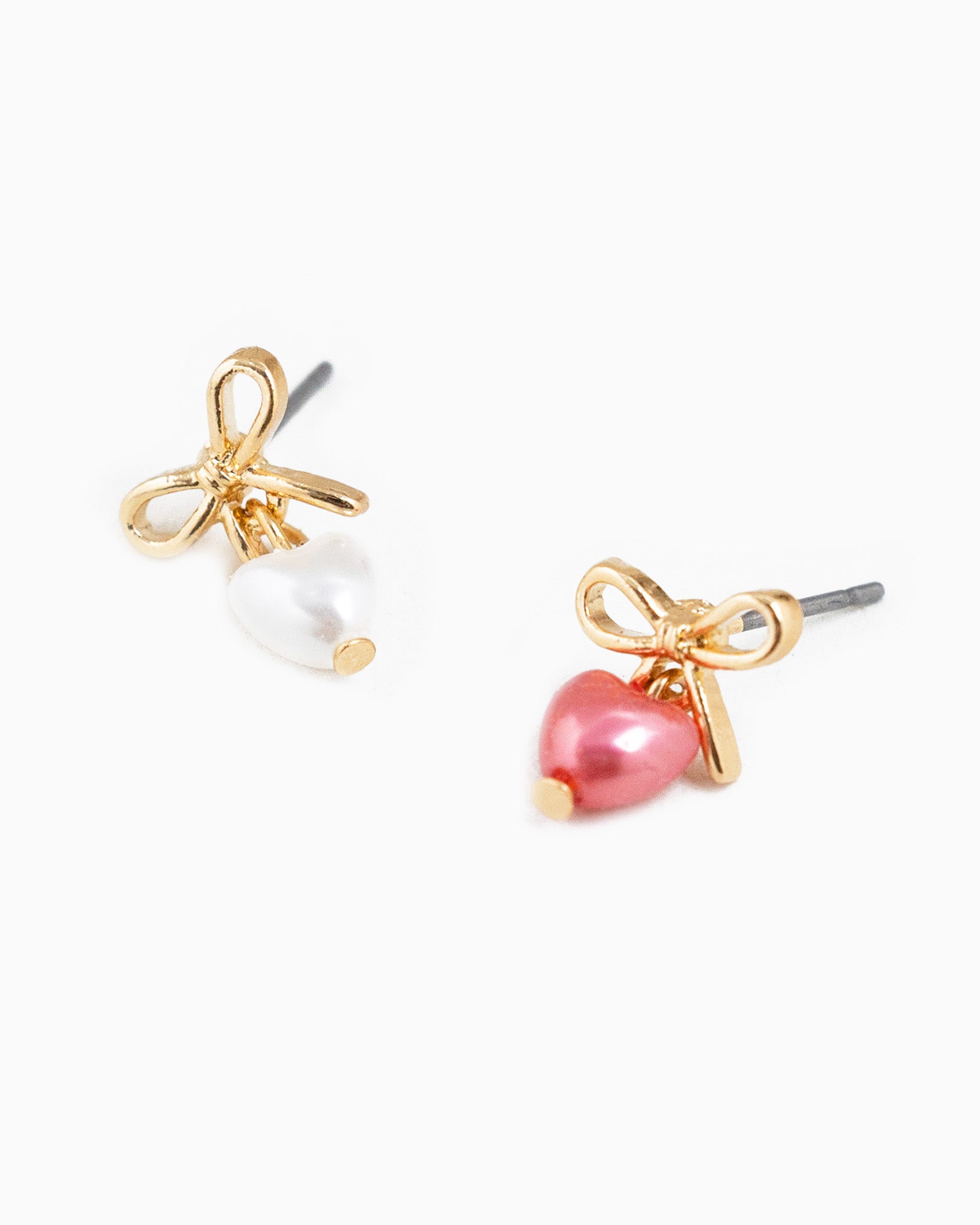 Tiny Bow and Pearl Heart Drop Earrings