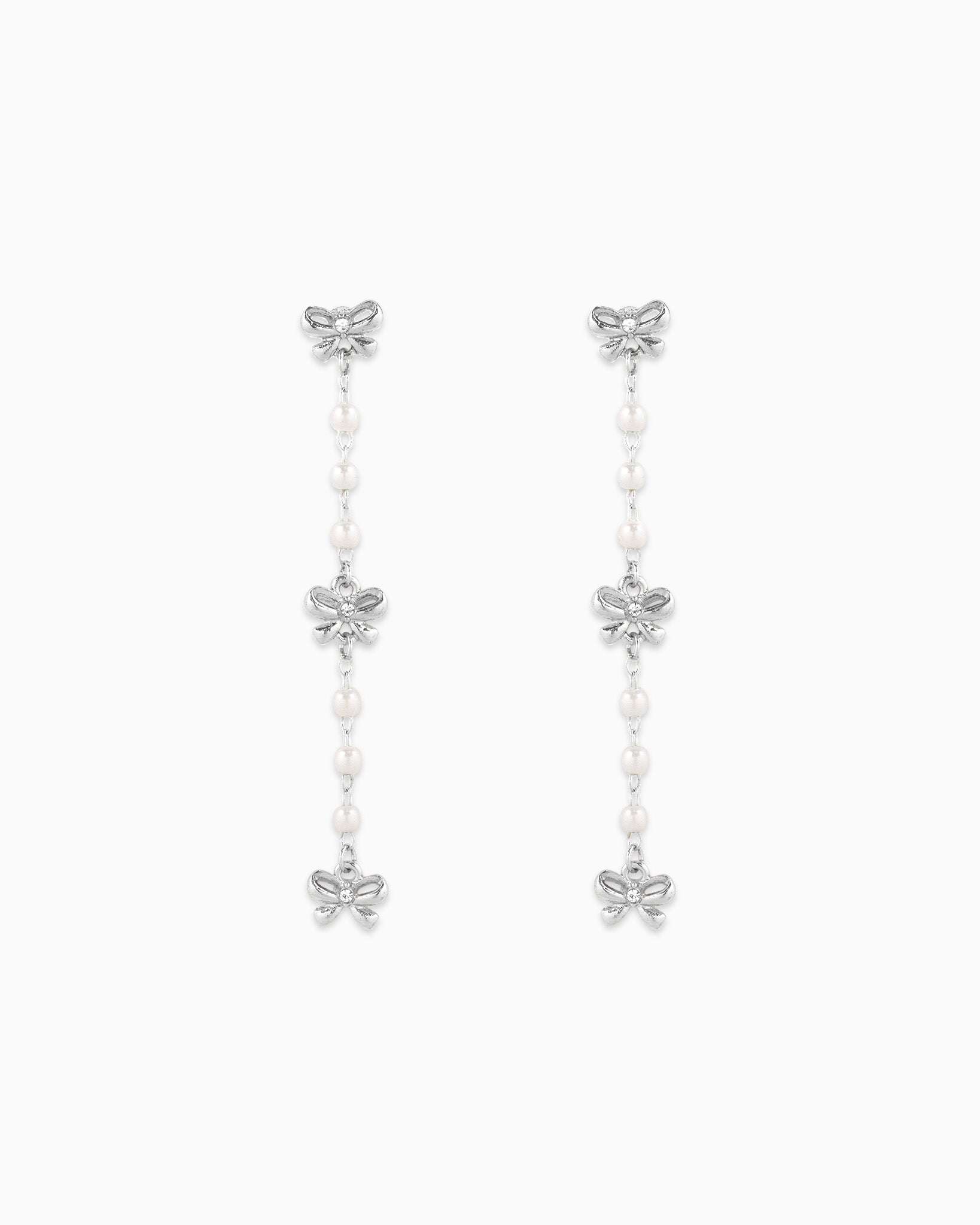 Dainty Triple Bow Pearl Line Drop Earrings