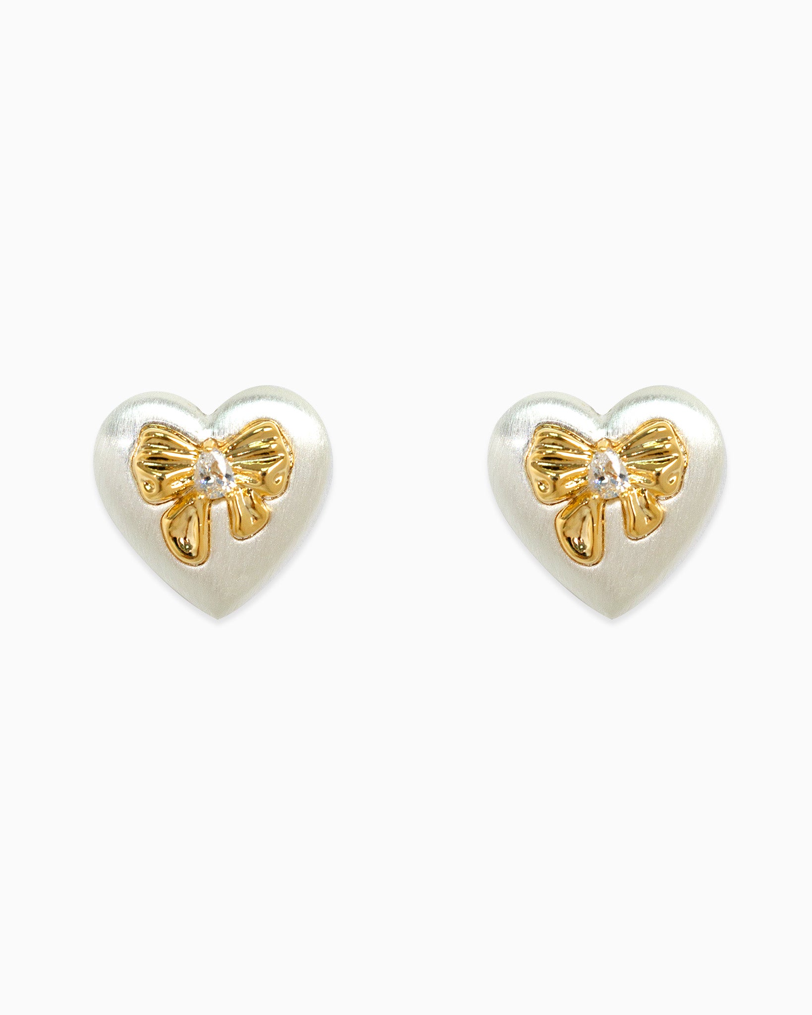 Two-Tone Brushed Puff Heart Adorned Bow Earrings