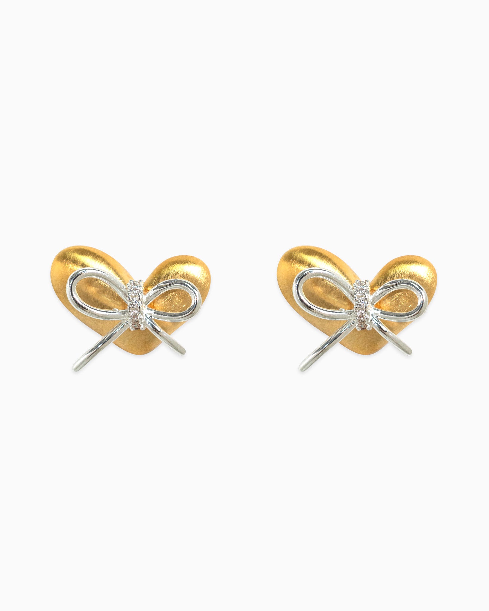 Two-Tone Brushed Bow Tied Heart Earrings